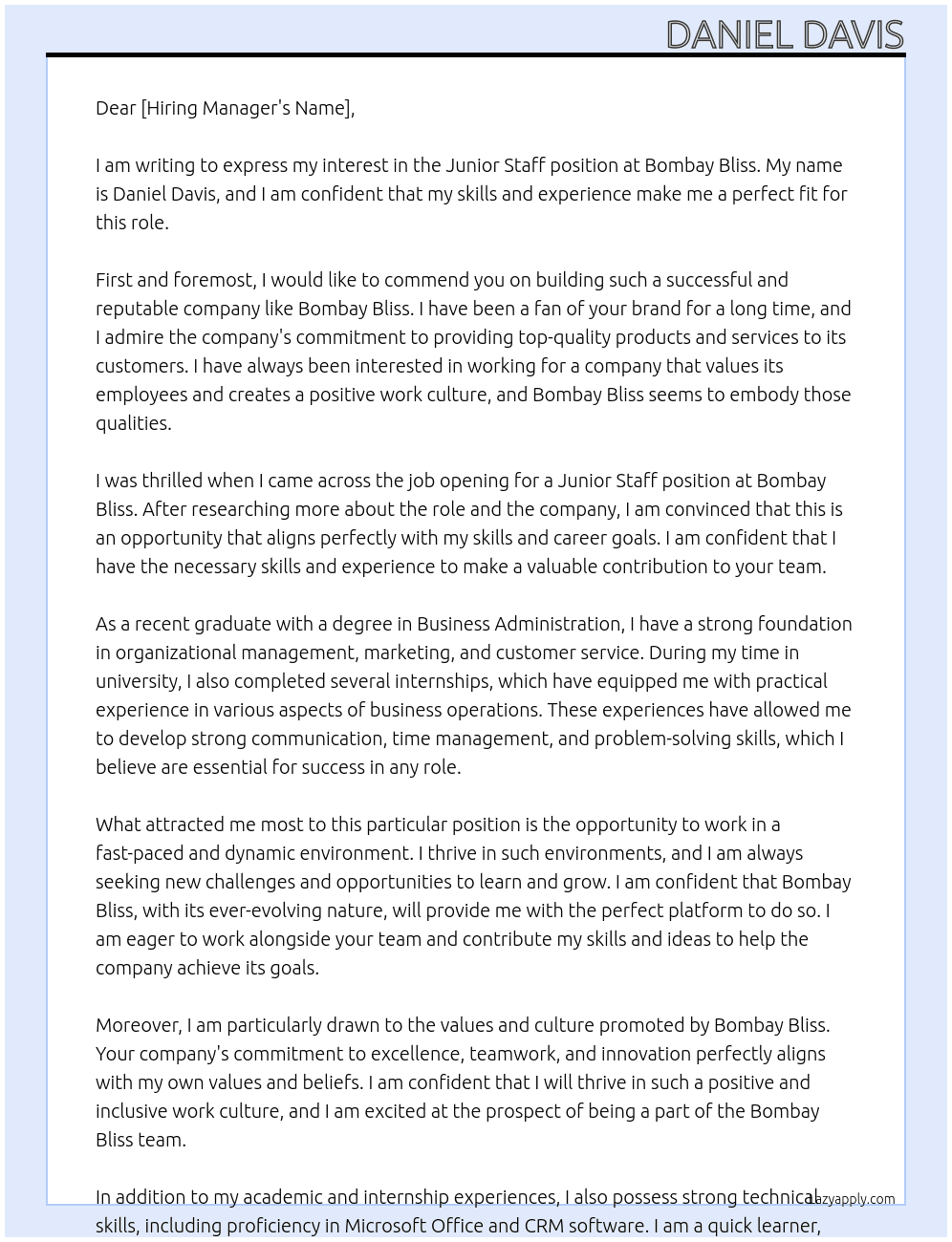 Juinor staff At Bombay bliss Cover Letter