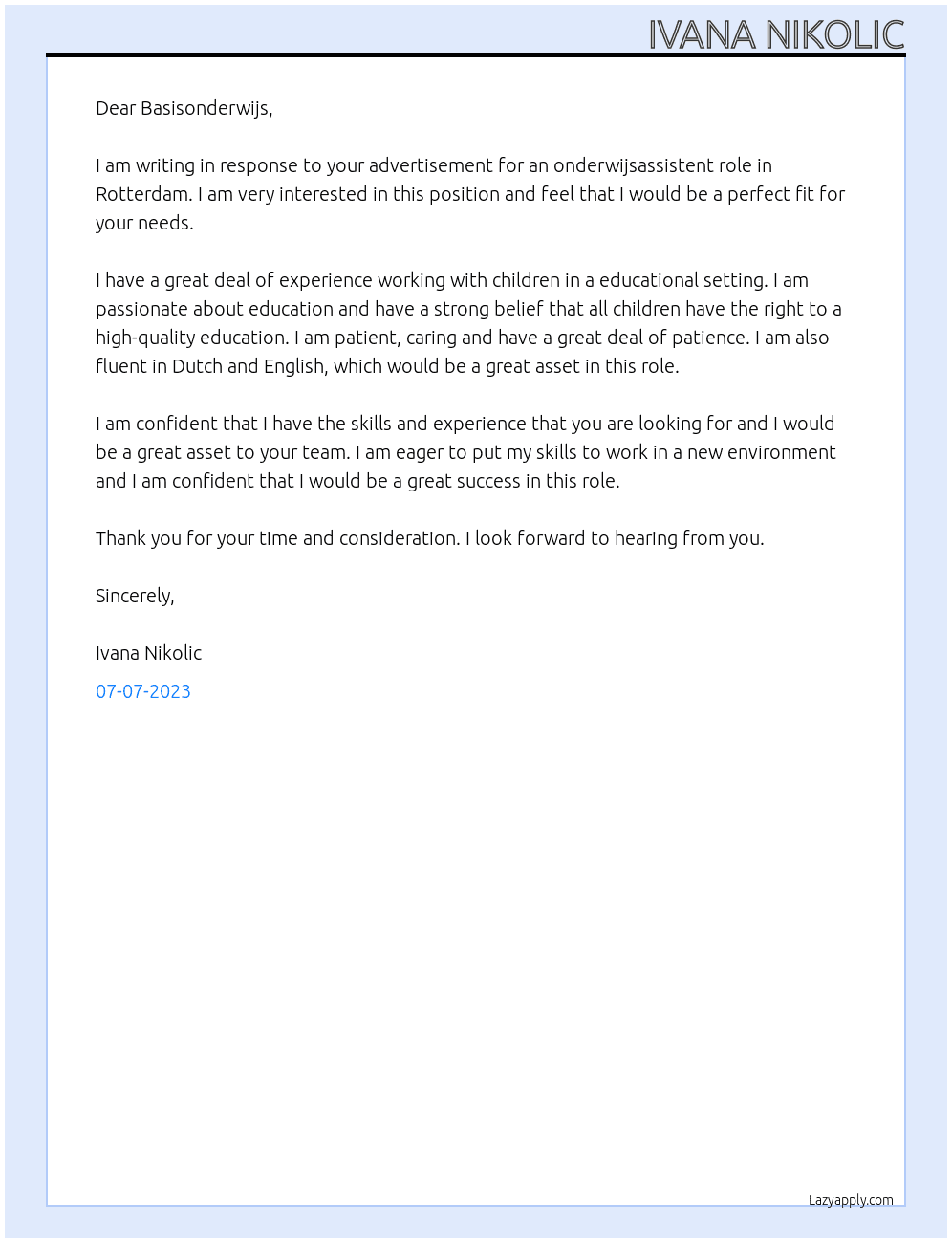 onderwijsassistent At Basisonderwijs Cover Letter