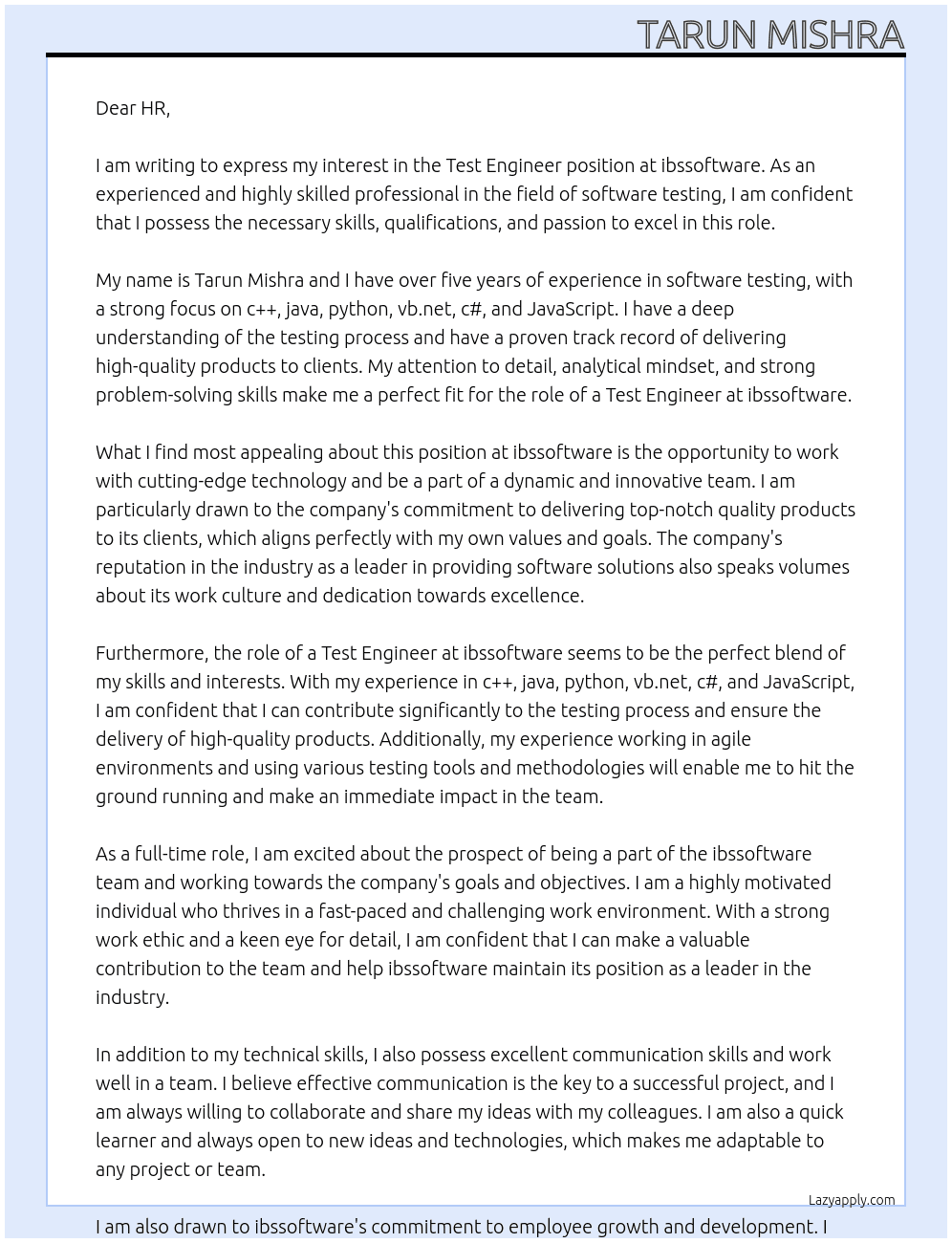 Test Engineer At ibssoftware Cover Letter