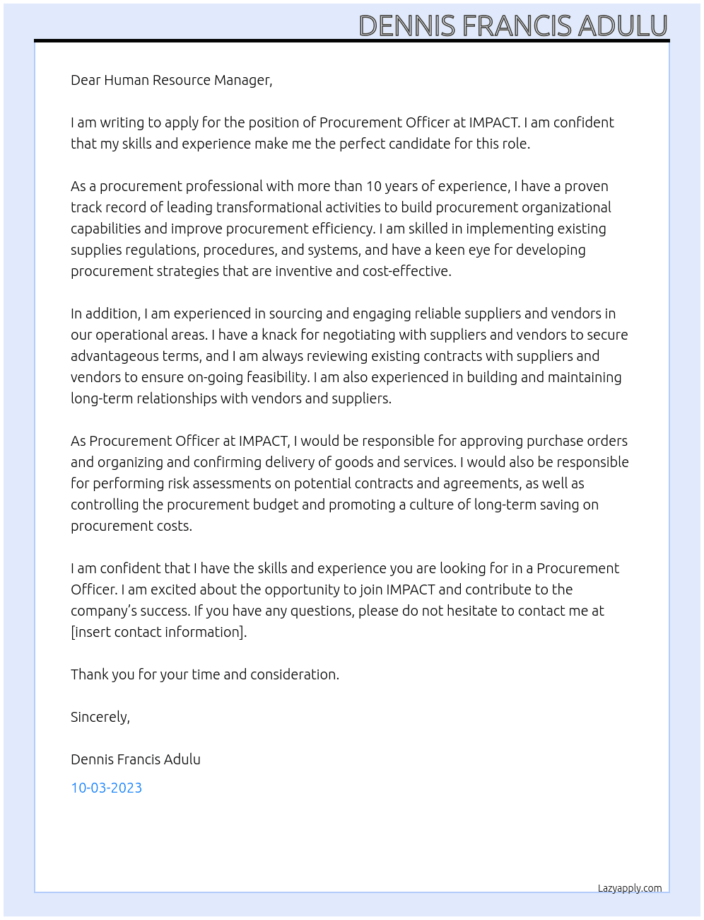Procurement officer At IMPACT Cover Letter