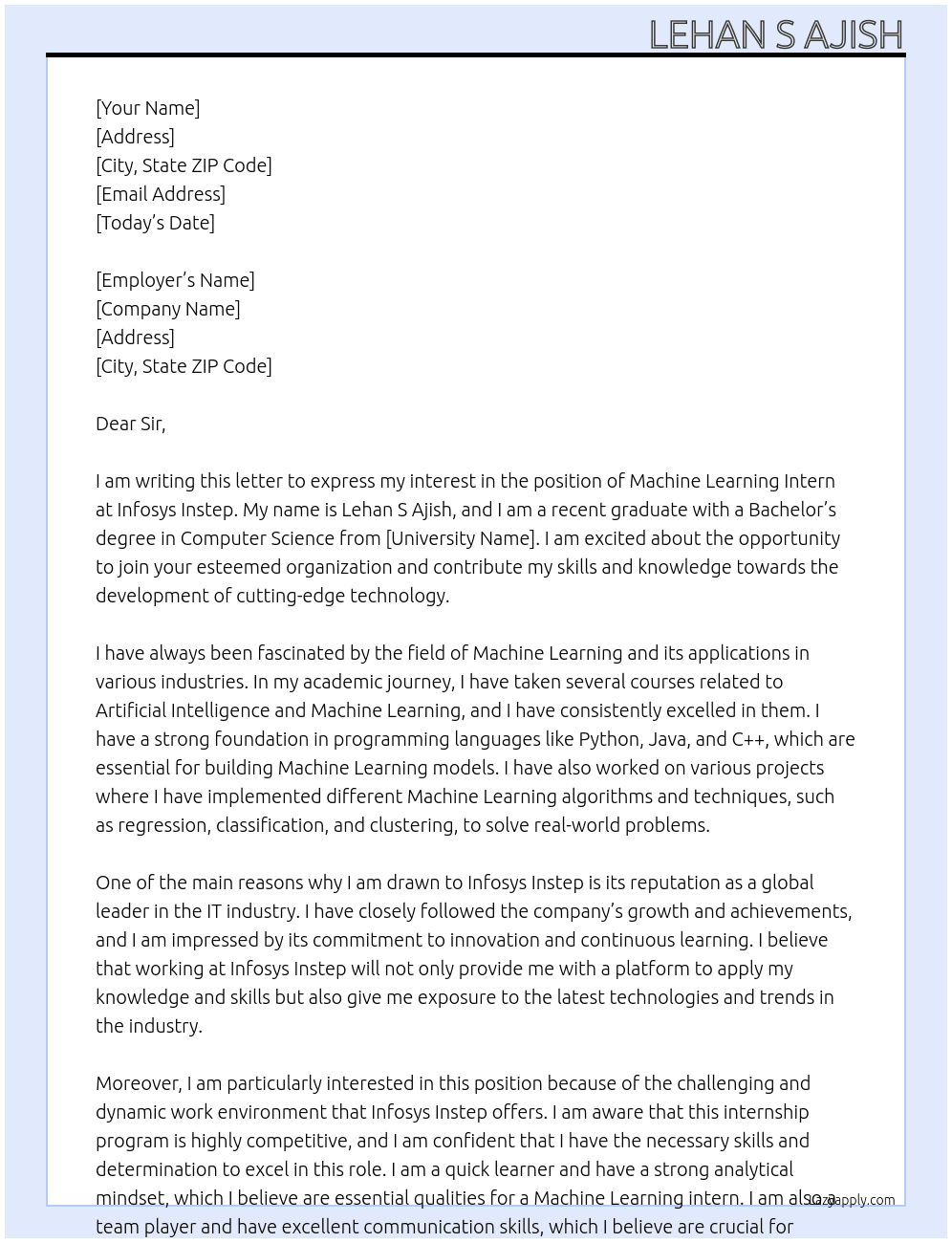 Machine learning intern At Infosys Instep Cover Letter