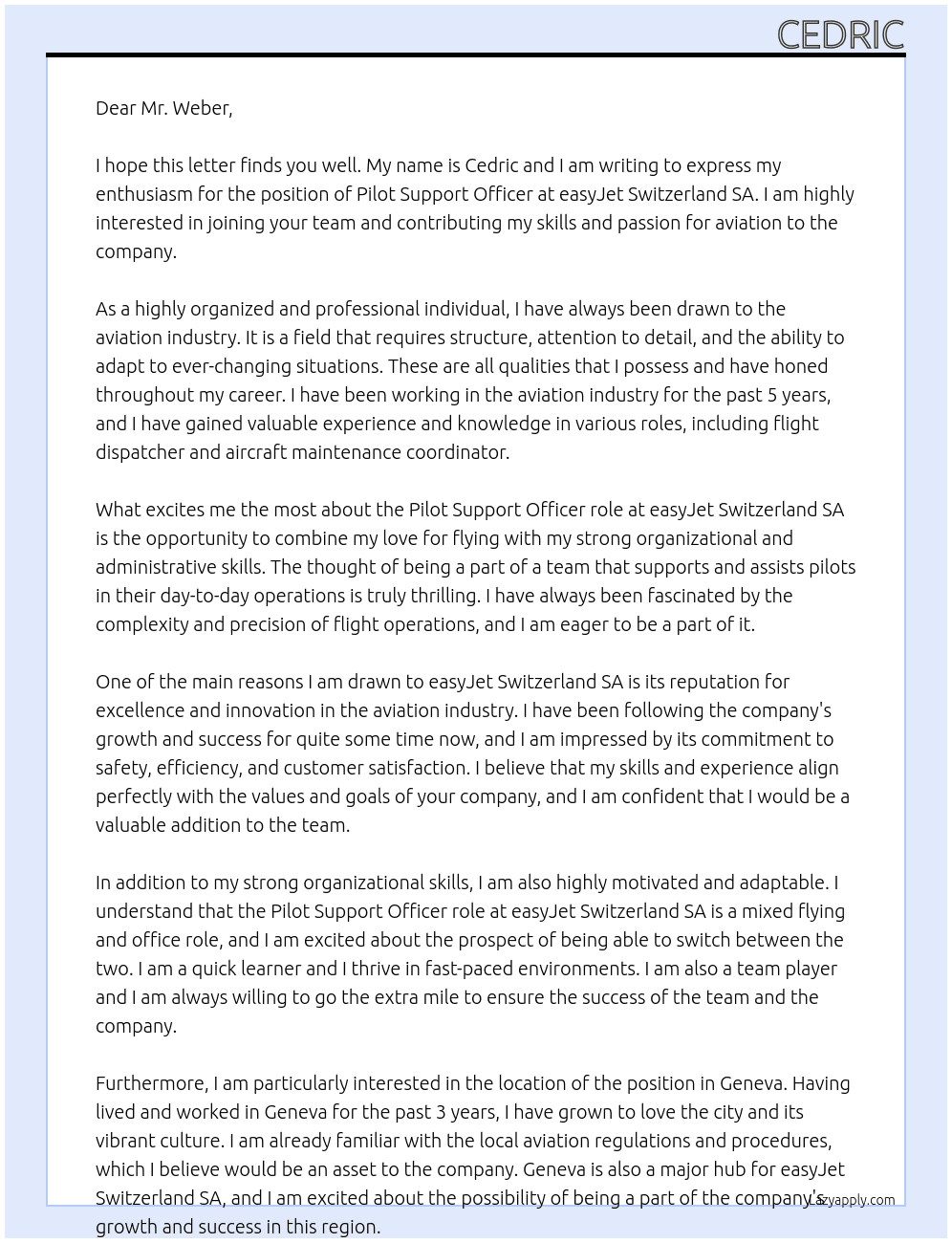 Pilot support officer At easyJet Switzerland SA Cover Letter