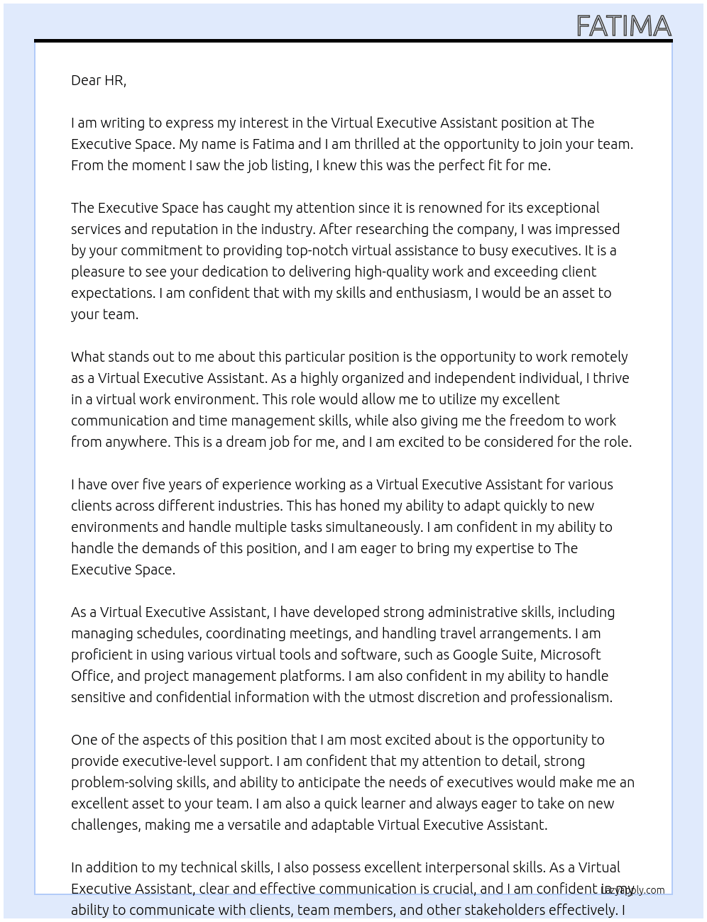 Virtual Executive Assistant  At The Executive Space  Cover Letter