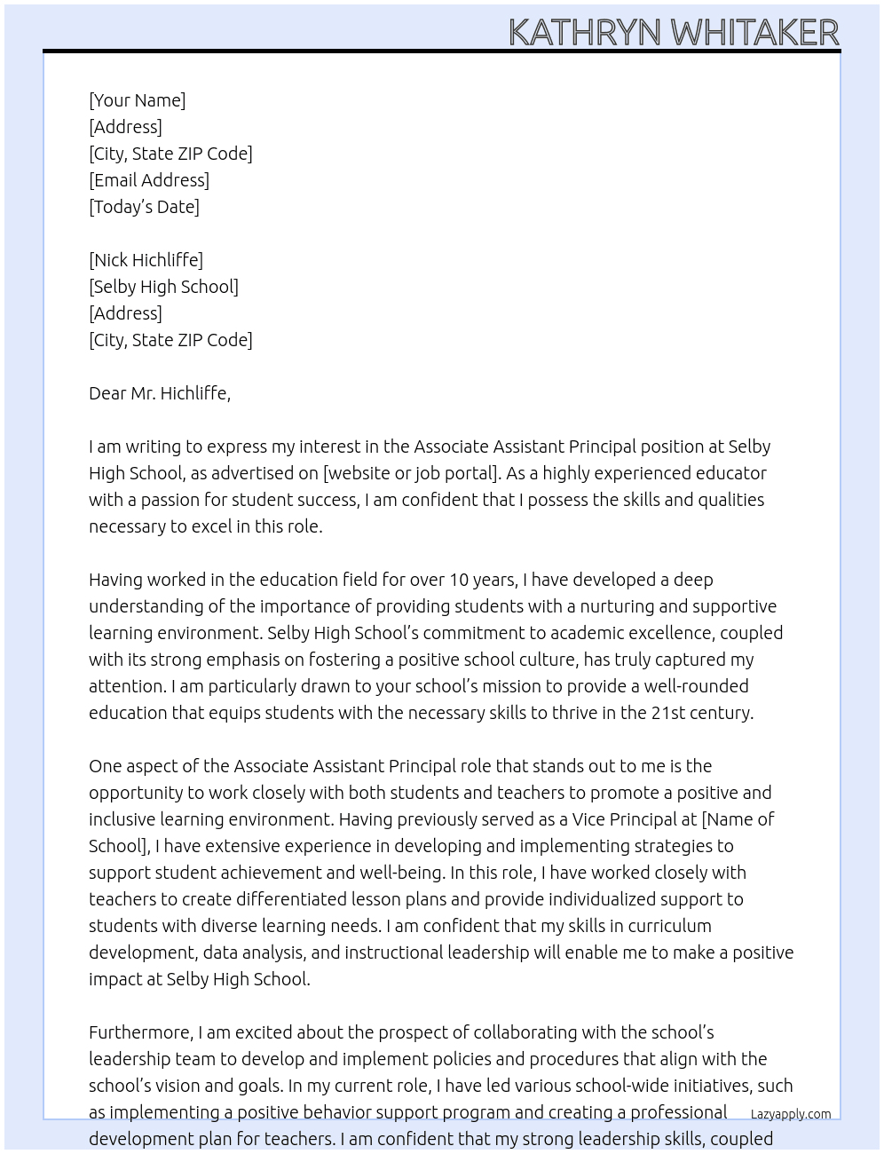 Associate Assistant Principal At Selby High School Cover Letter