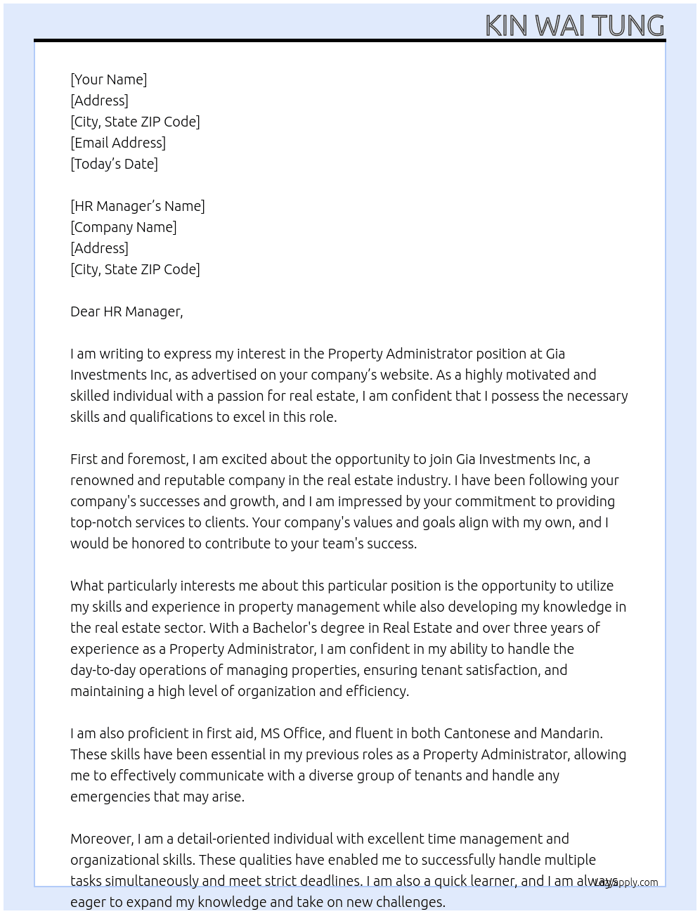 Property Administrator At Gia Investments Inc Cover Letter