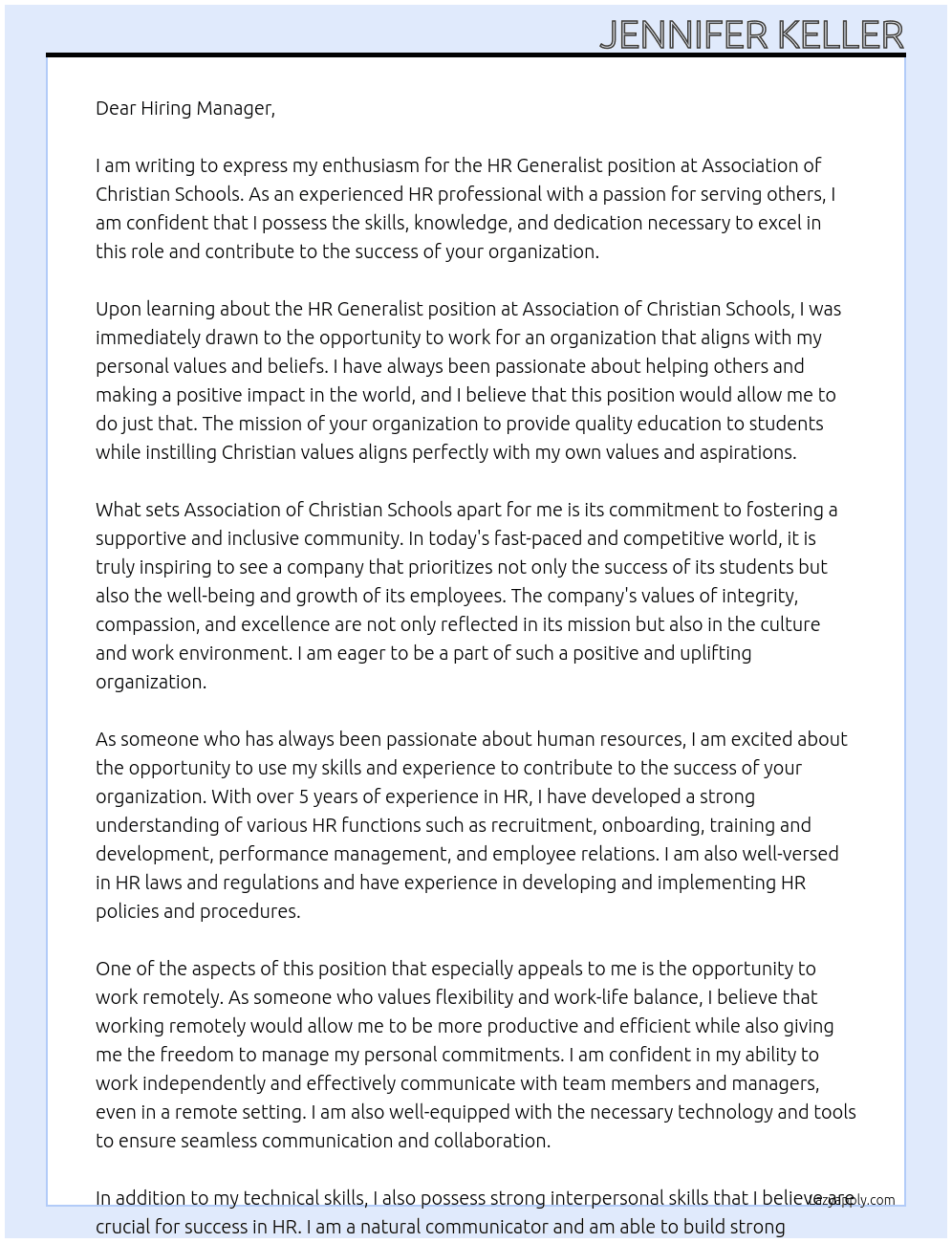 HR Generalist At Association Of Christian Schools Cover Letter