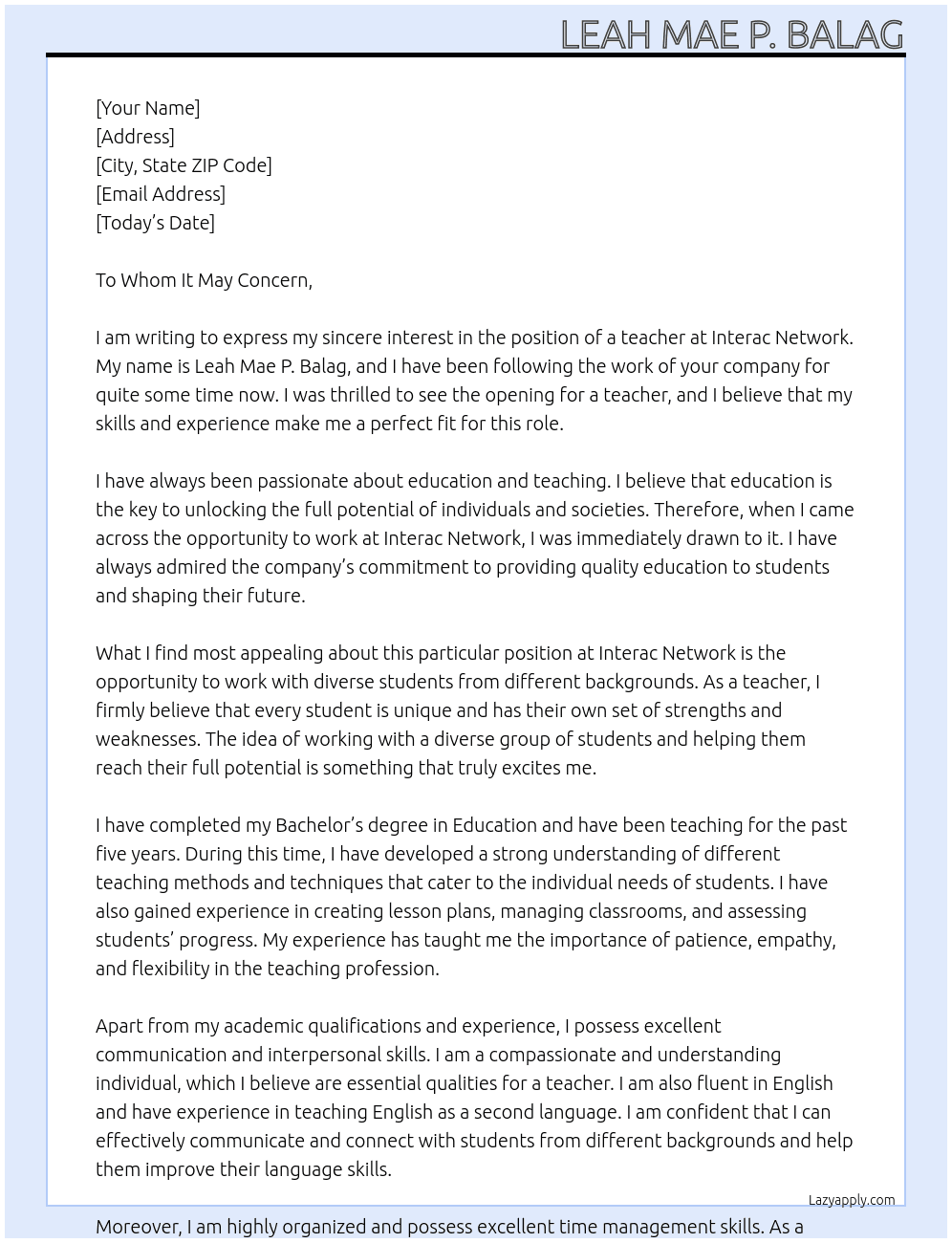 teacher At Interac network Cover Letter