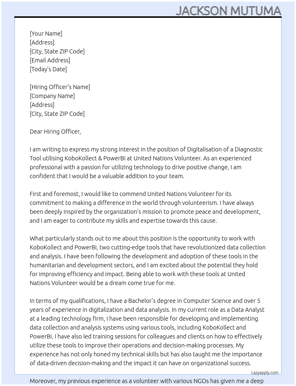 Digitalisation of a Diagnostic Tool utilising KoboKollect & PowerBi At UNITED NATION VOLUNTEER Cover Letter