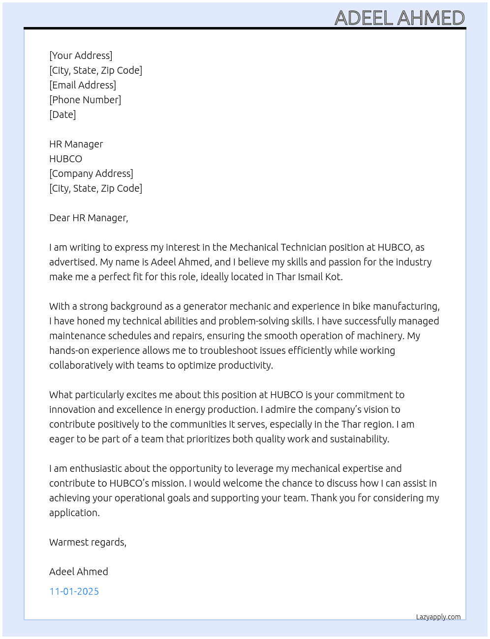 Cover letter for mechanical tecnician - LazyApply