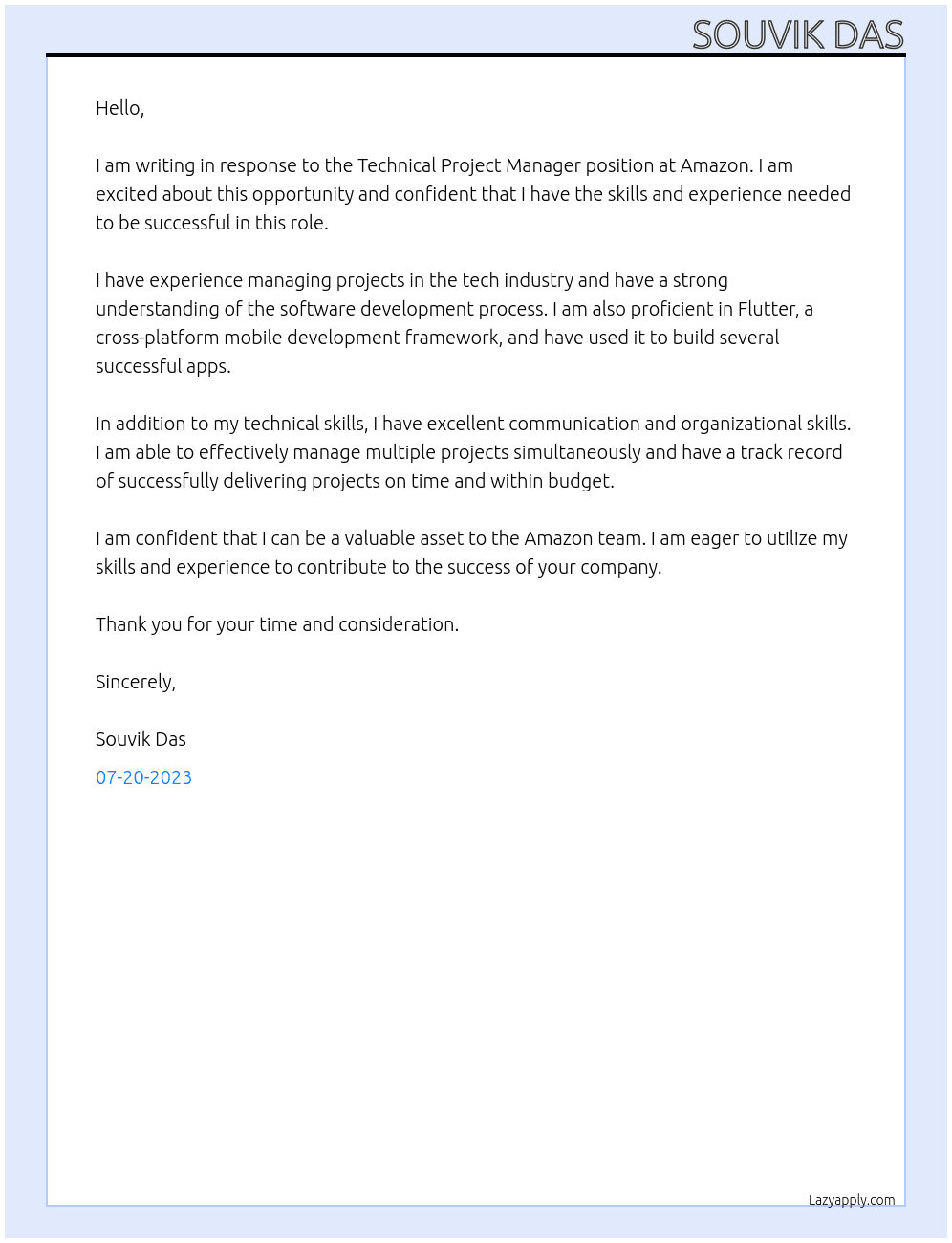 Technical Project Manager At Amazon Cover Letter
