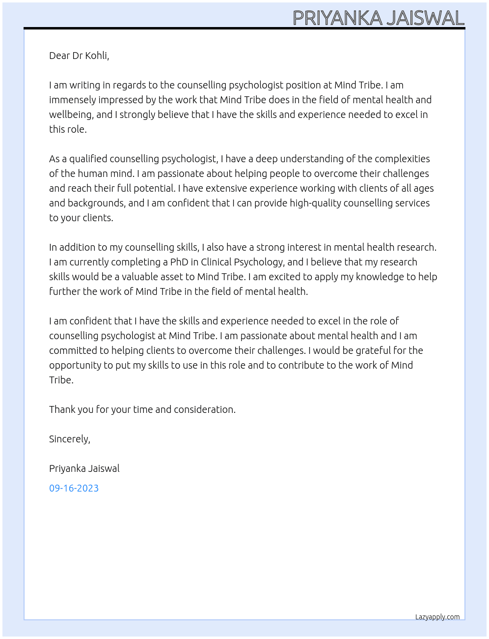 counselling psychologist At mind tribe Cover Letter