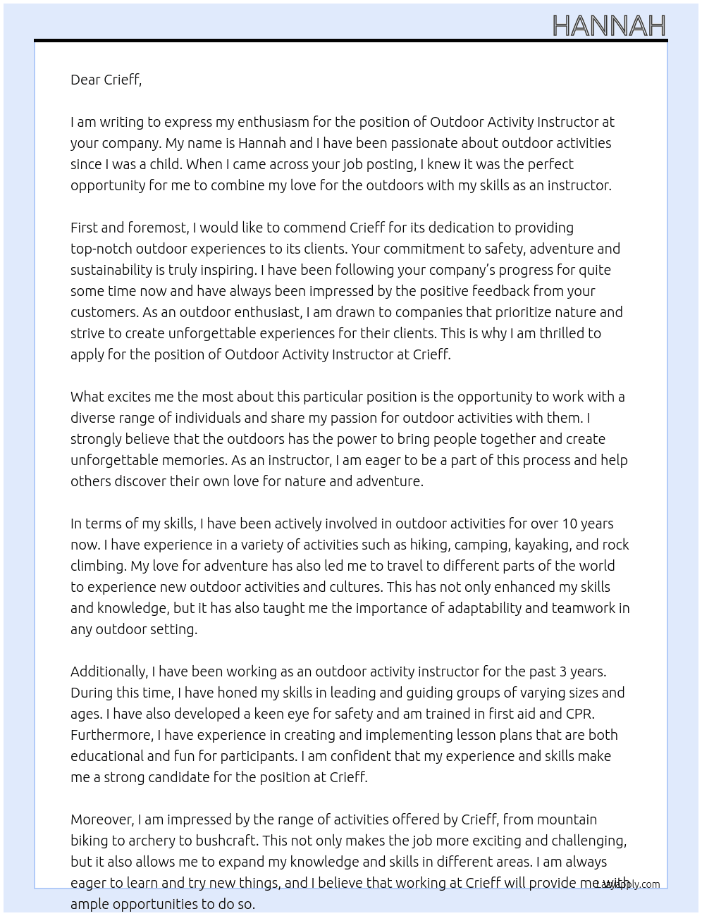 Outdoor activity instructor  At Crieff  Cover Letter