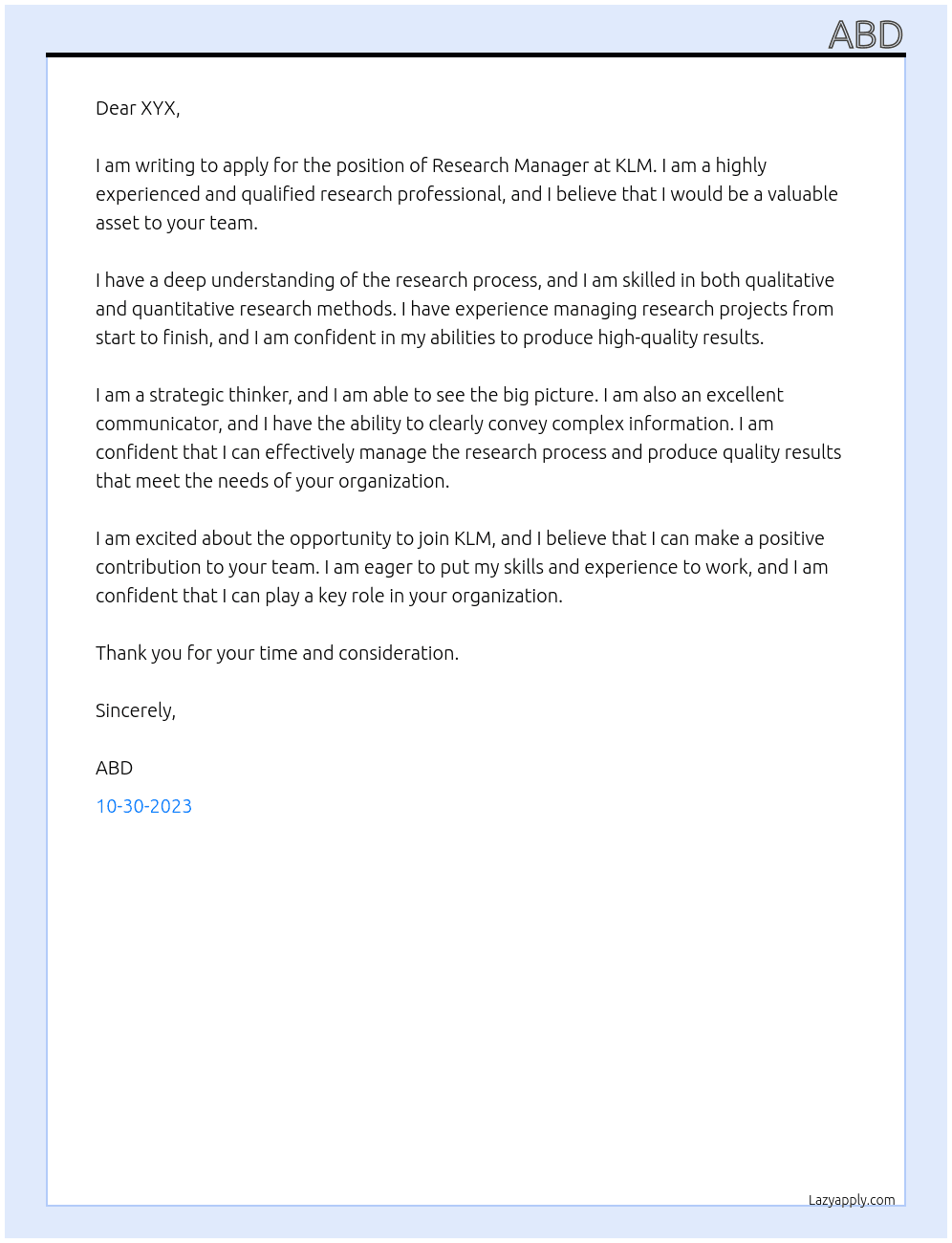 Research Manager At KLM Cover Letter