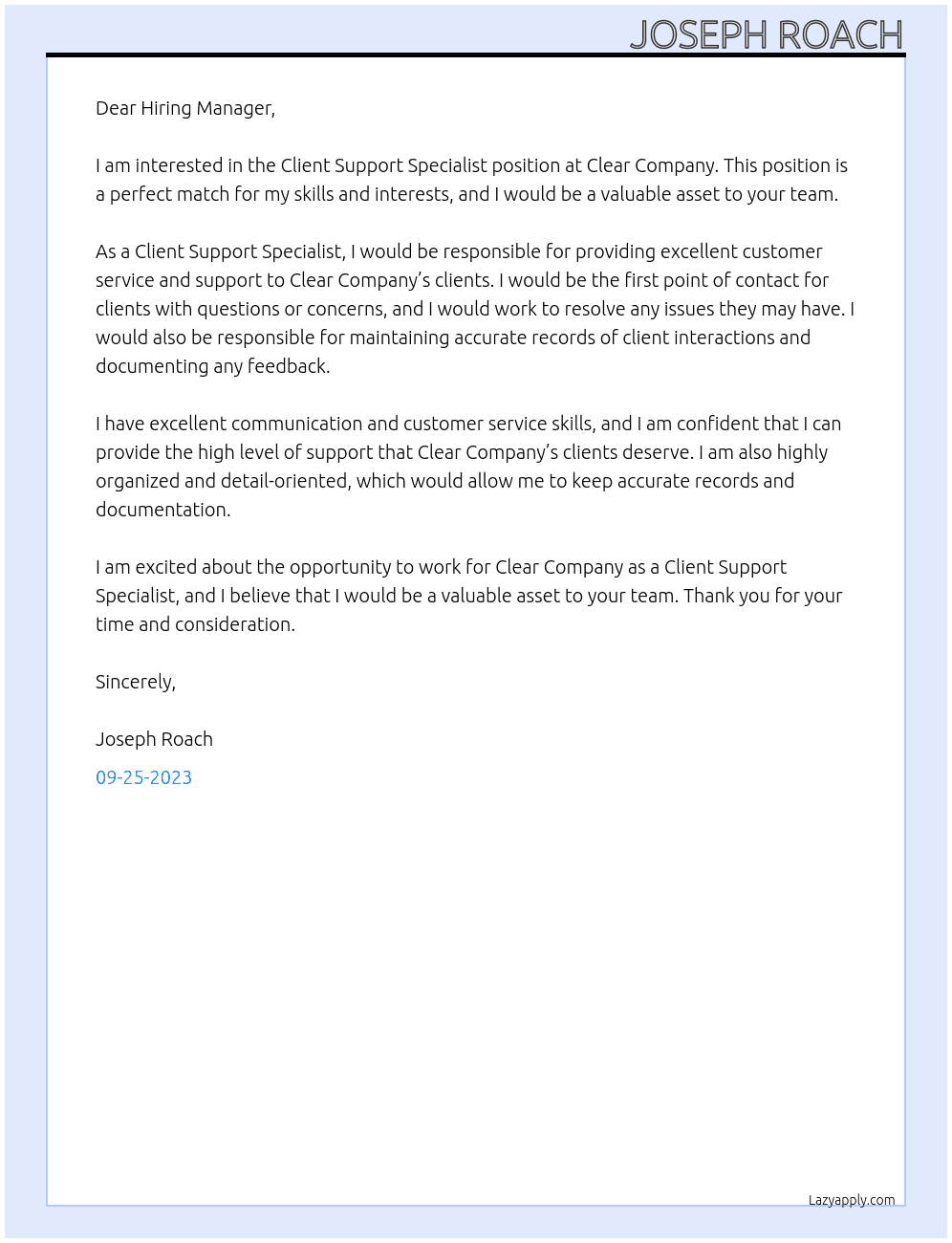 Client Support Specialist At Clear Company Cover Letter