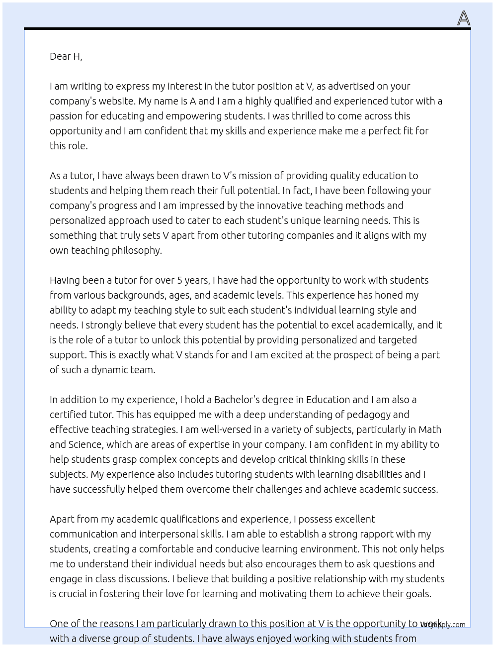 tutor At v Cover Letter