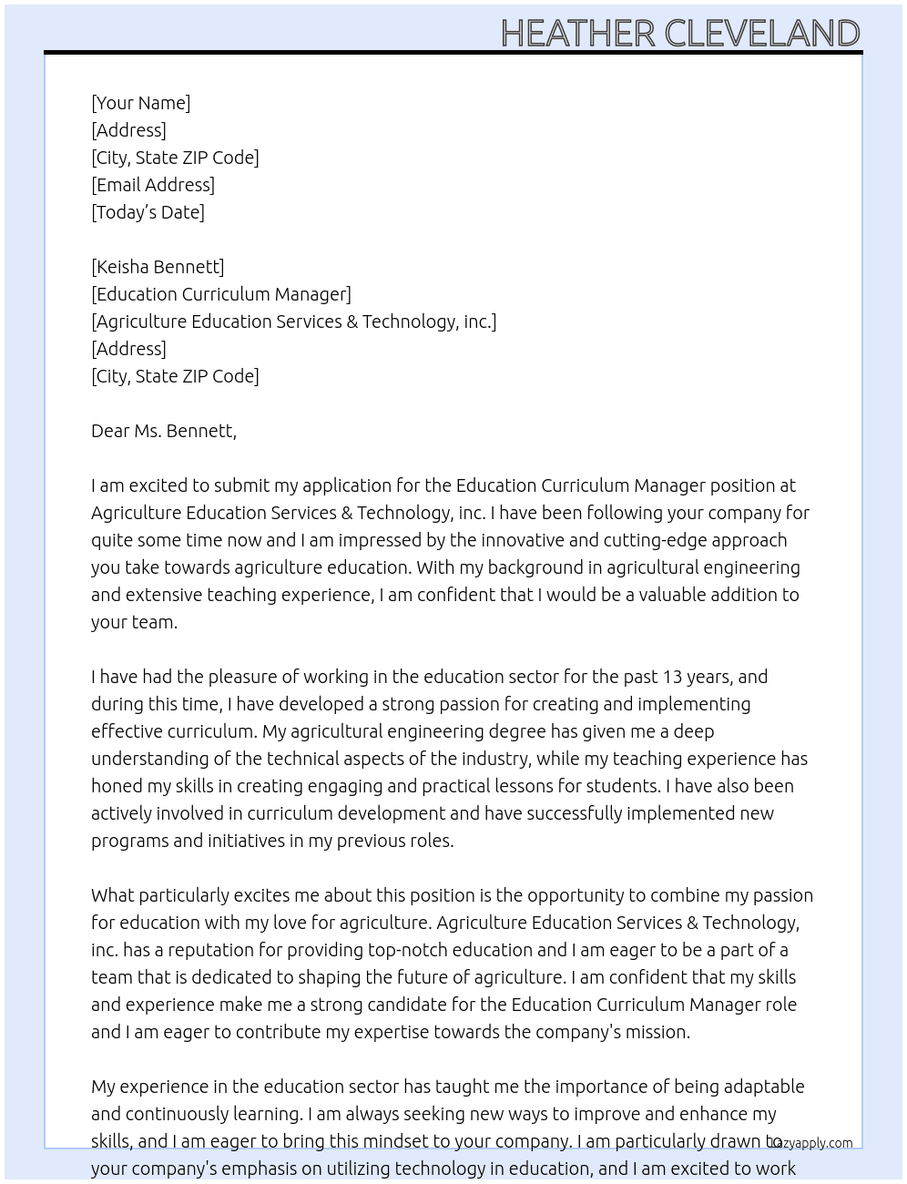 Education Curriculum Msnager At Agriculture Education Services & Technology, inc. Cover Letter