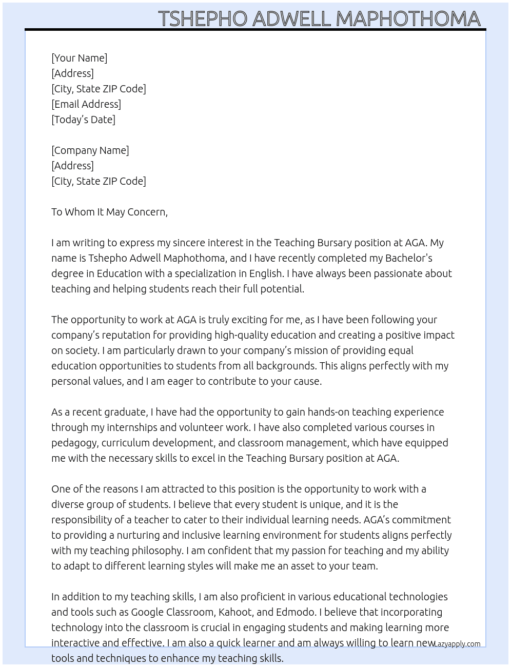 Teaching bursary  At AGA Cover Letter