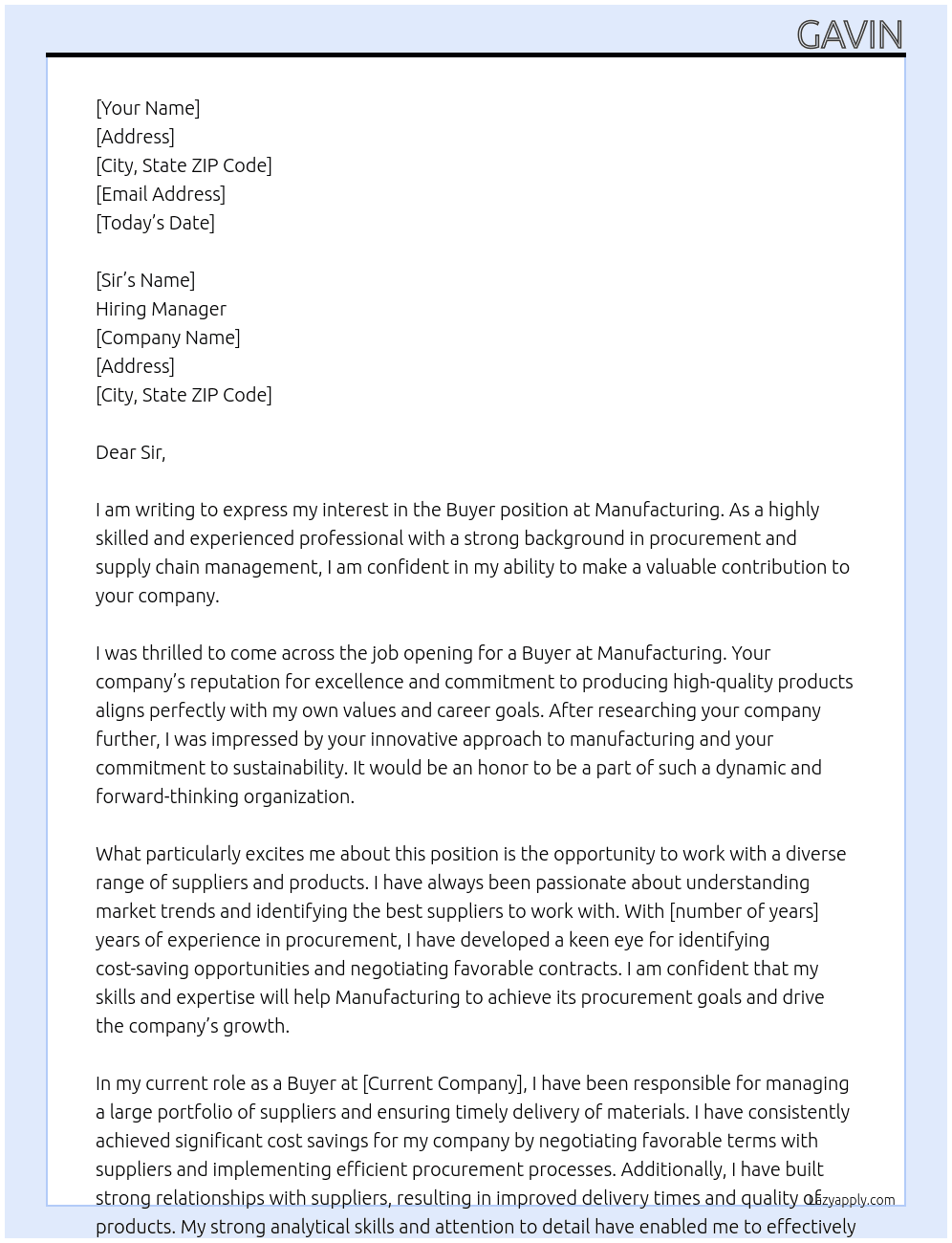 Buyer At Manufacturing Cover Letter