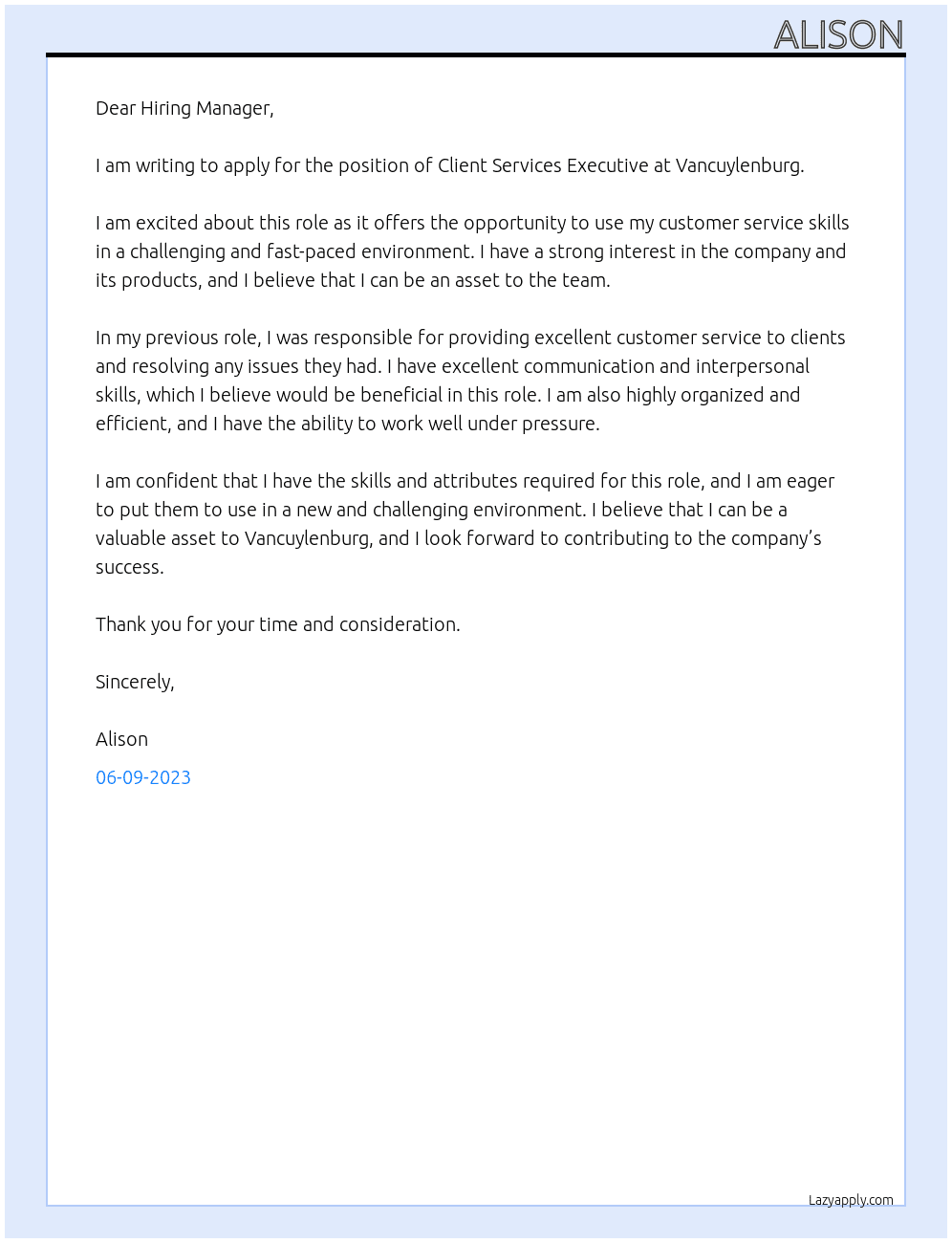 Client Services Executive At Vancuylenburg Cover Letter