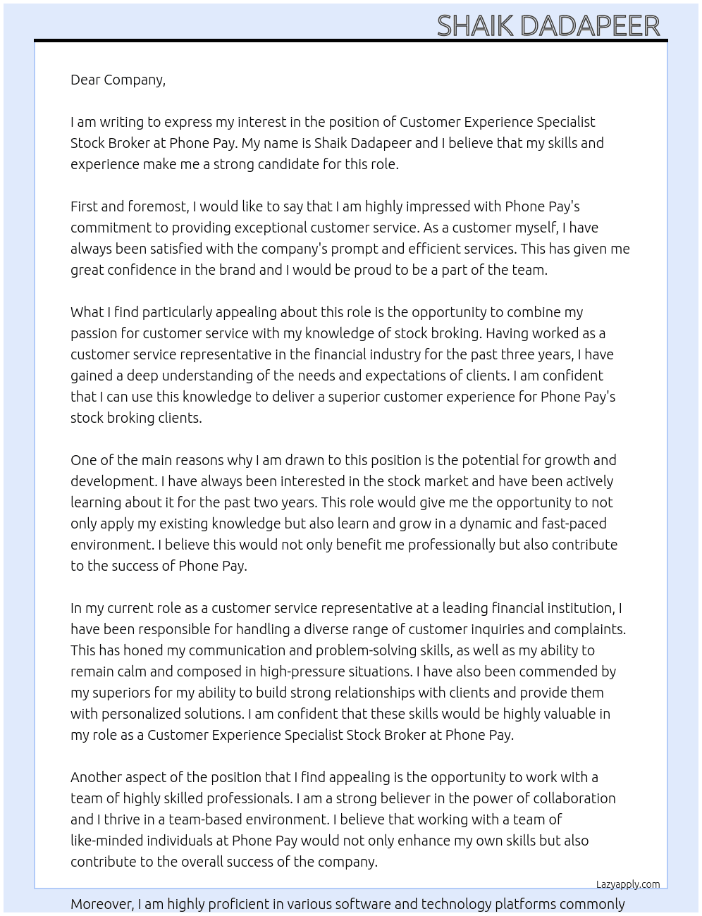Cover letter for customer experience specialist stock broker - LazyApply