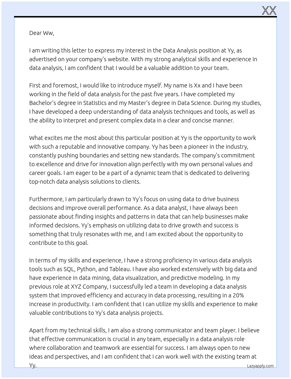 Data analysis At Yy Cover Letter
