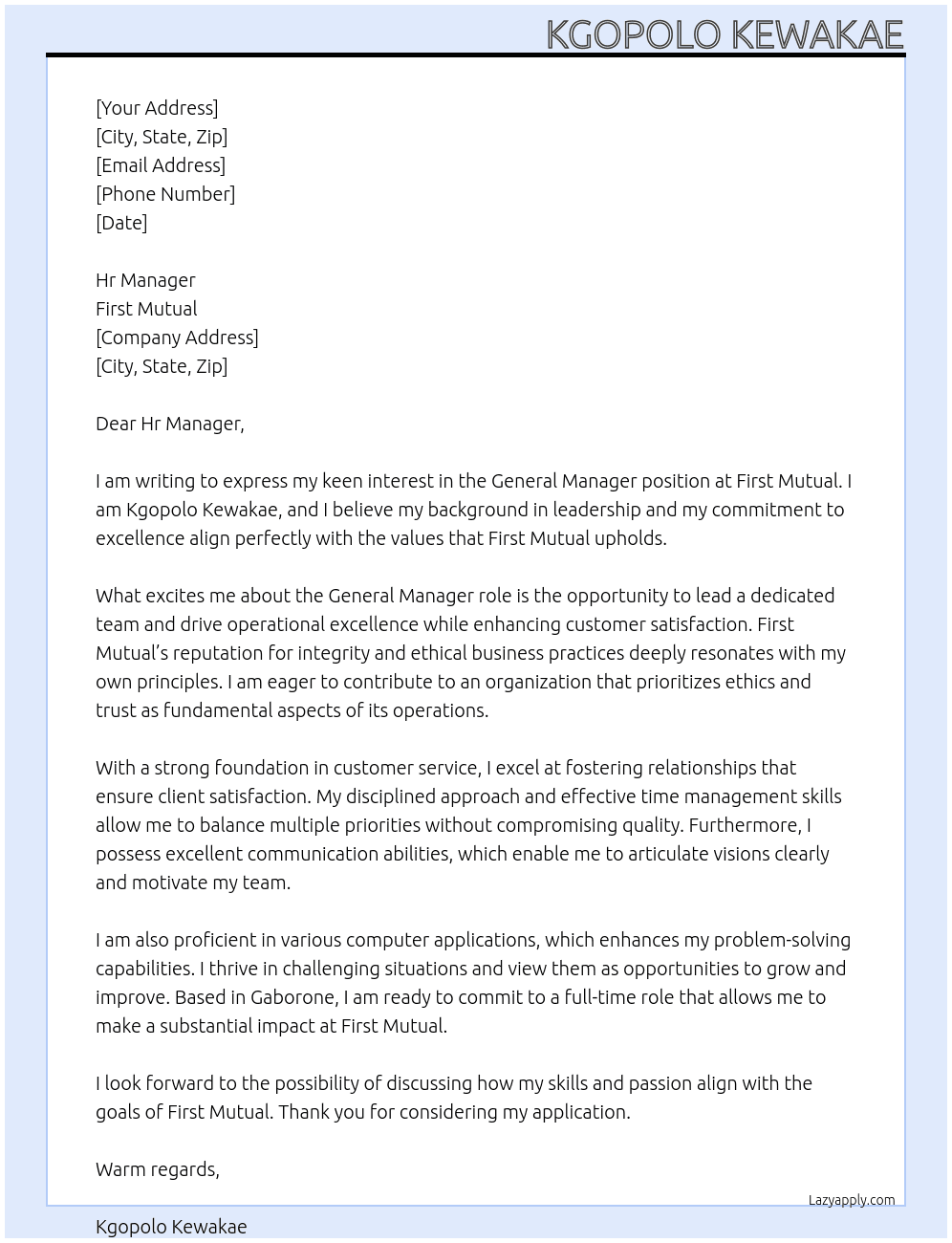 General Manager At First Mutual Cover Letter
