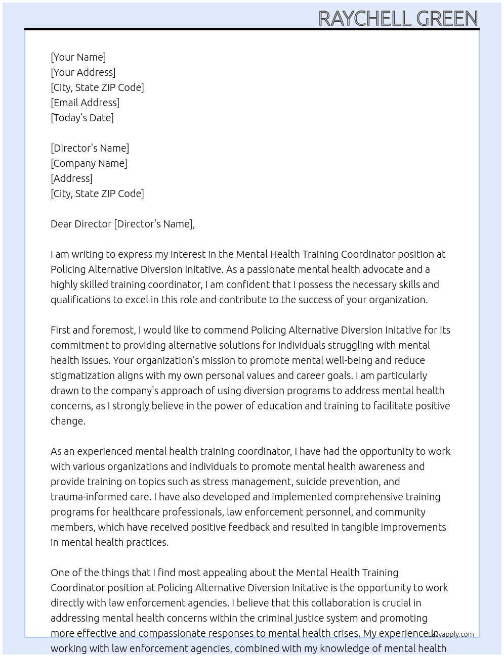 Mental Health Training Coordinator   At Policing Alternative Diversion Initative  Cover Letter