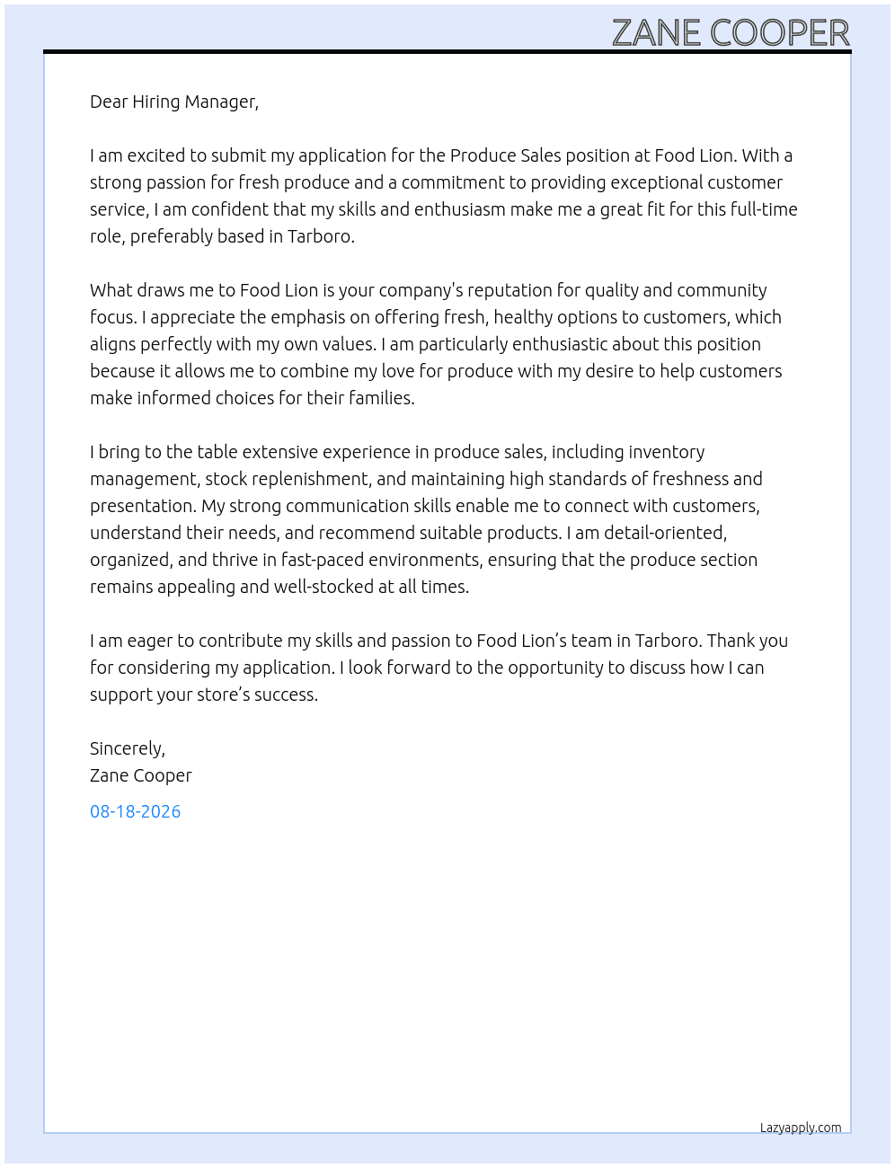 Cover letter for produce sales - LazyApply