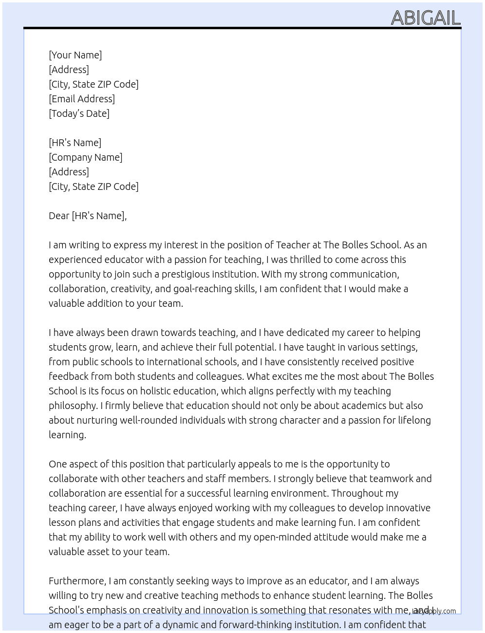 Teacher At The Bolles School Cover Letter