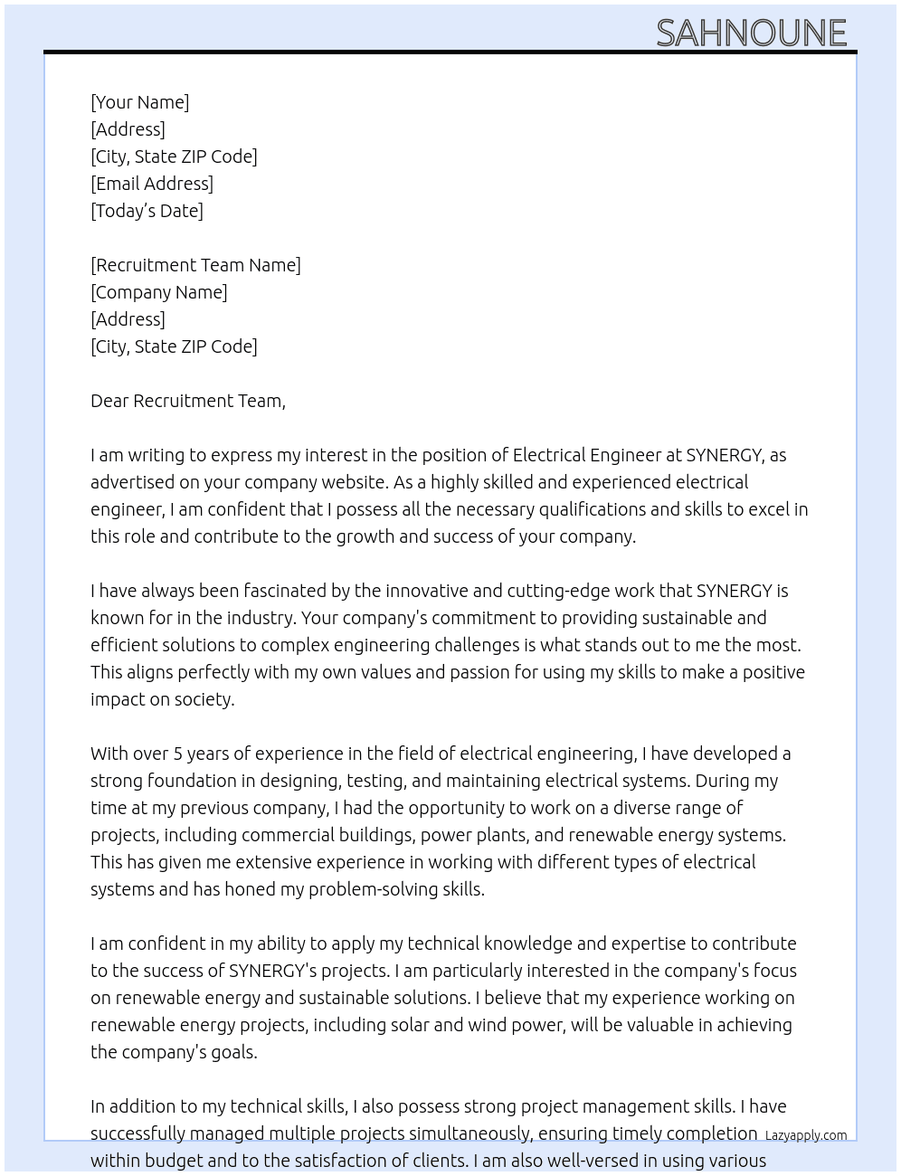 Electrical Engineer  At SYNERGY Cover Letter