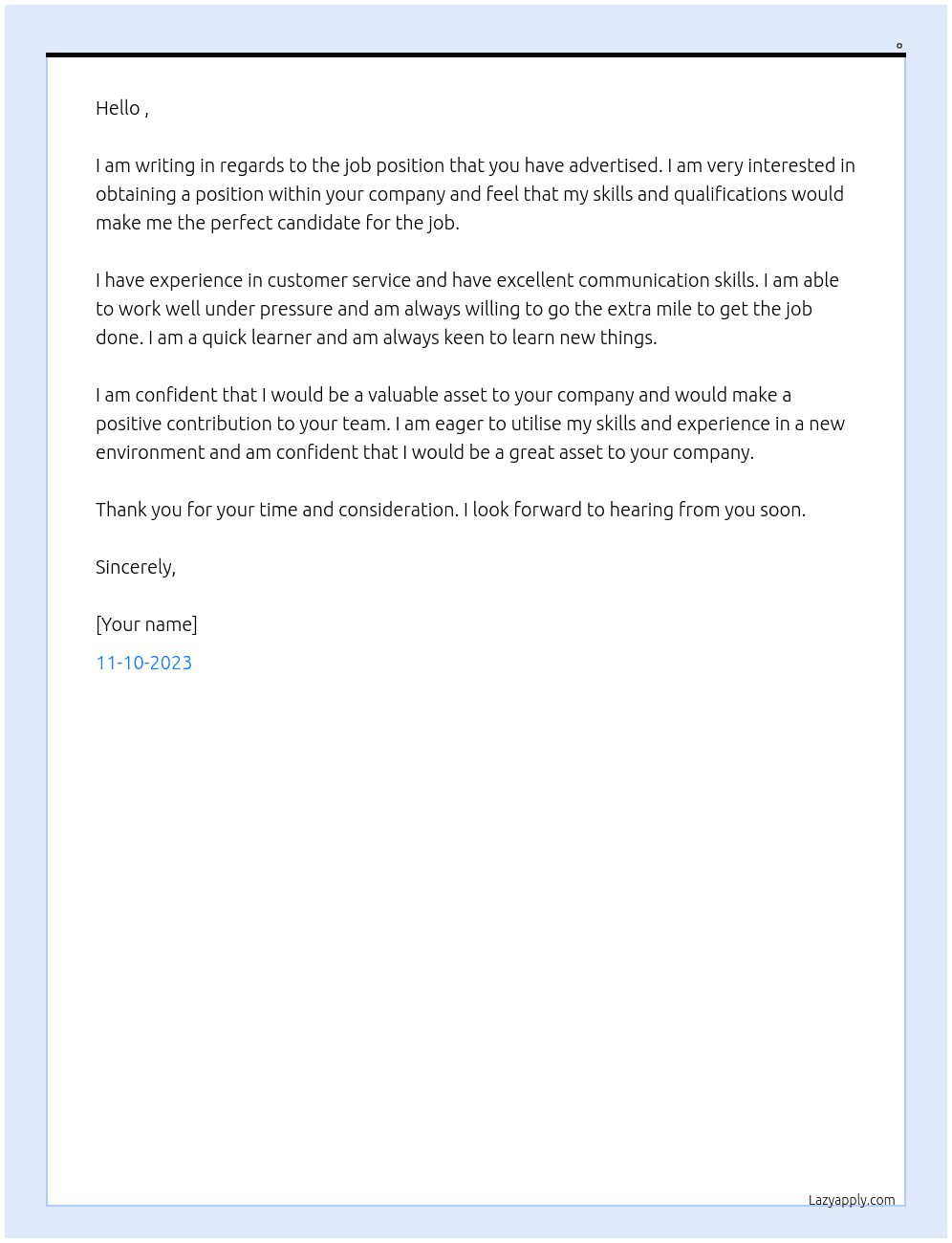 casual job At , Cover Letter