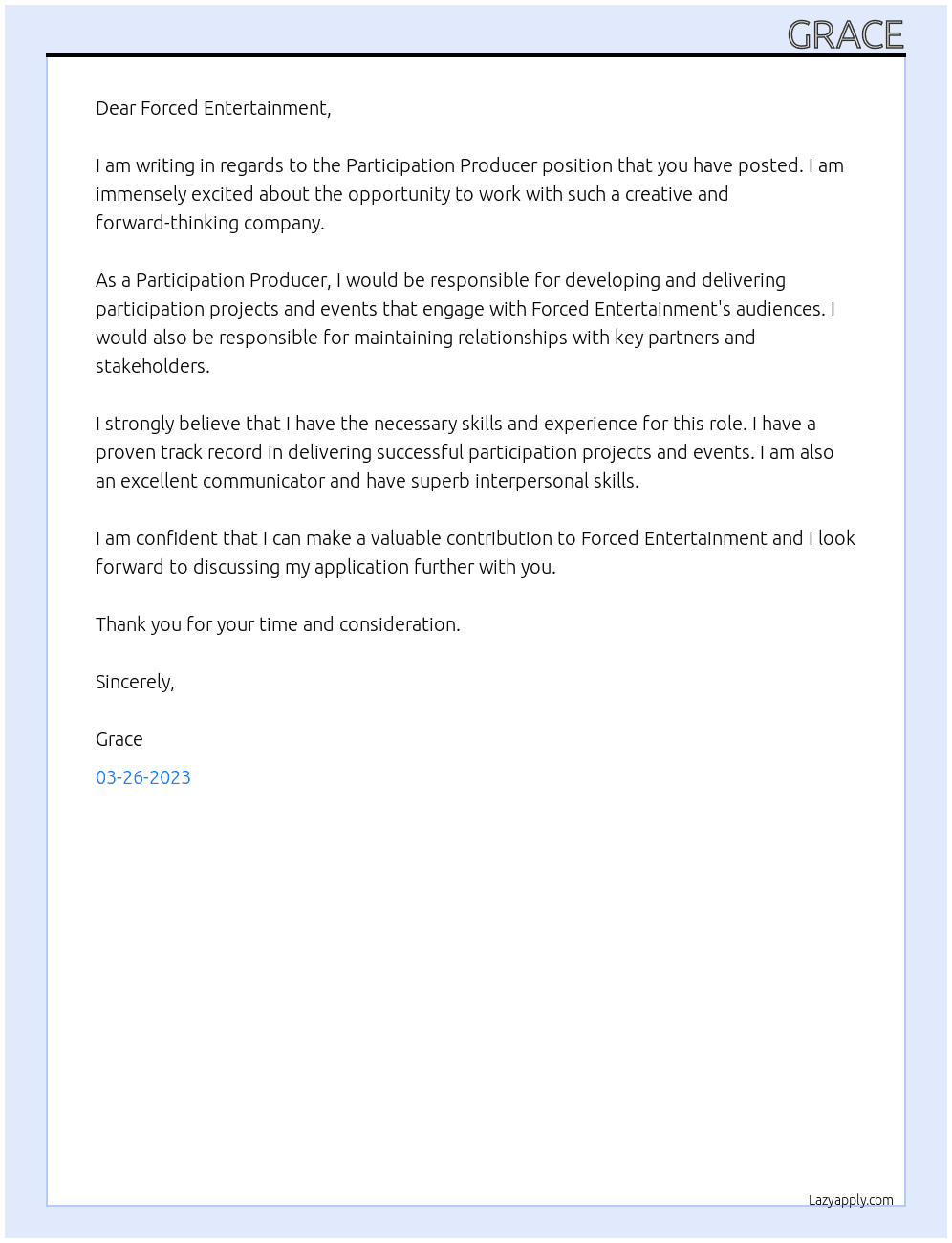Participation Producer At Forced Entertainment Cover Letter