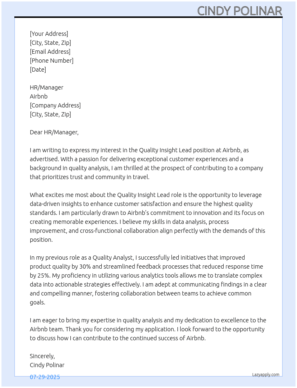 Quality Insight Lead At Airbnb Cover Letter