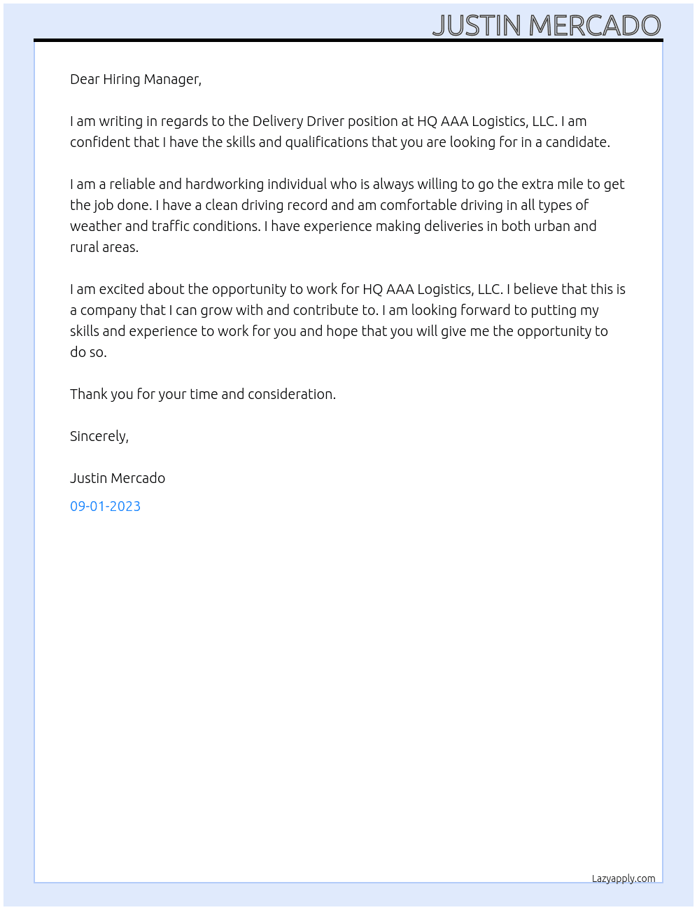 Delivery Driver At HQ AAA Logistics, LLC Cover Letter