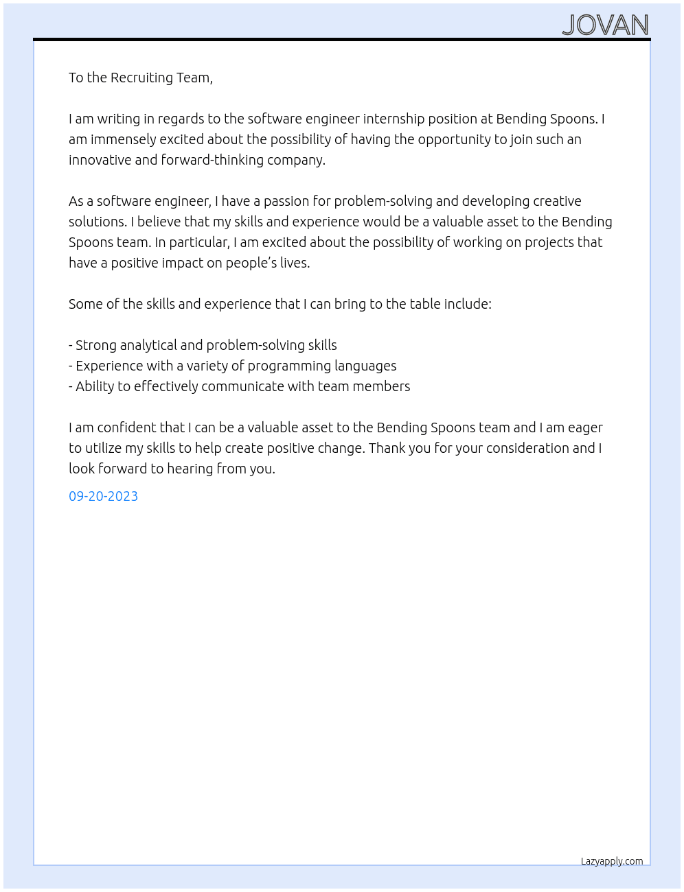 Software engineer internship At Bending Spoons Cover Letter