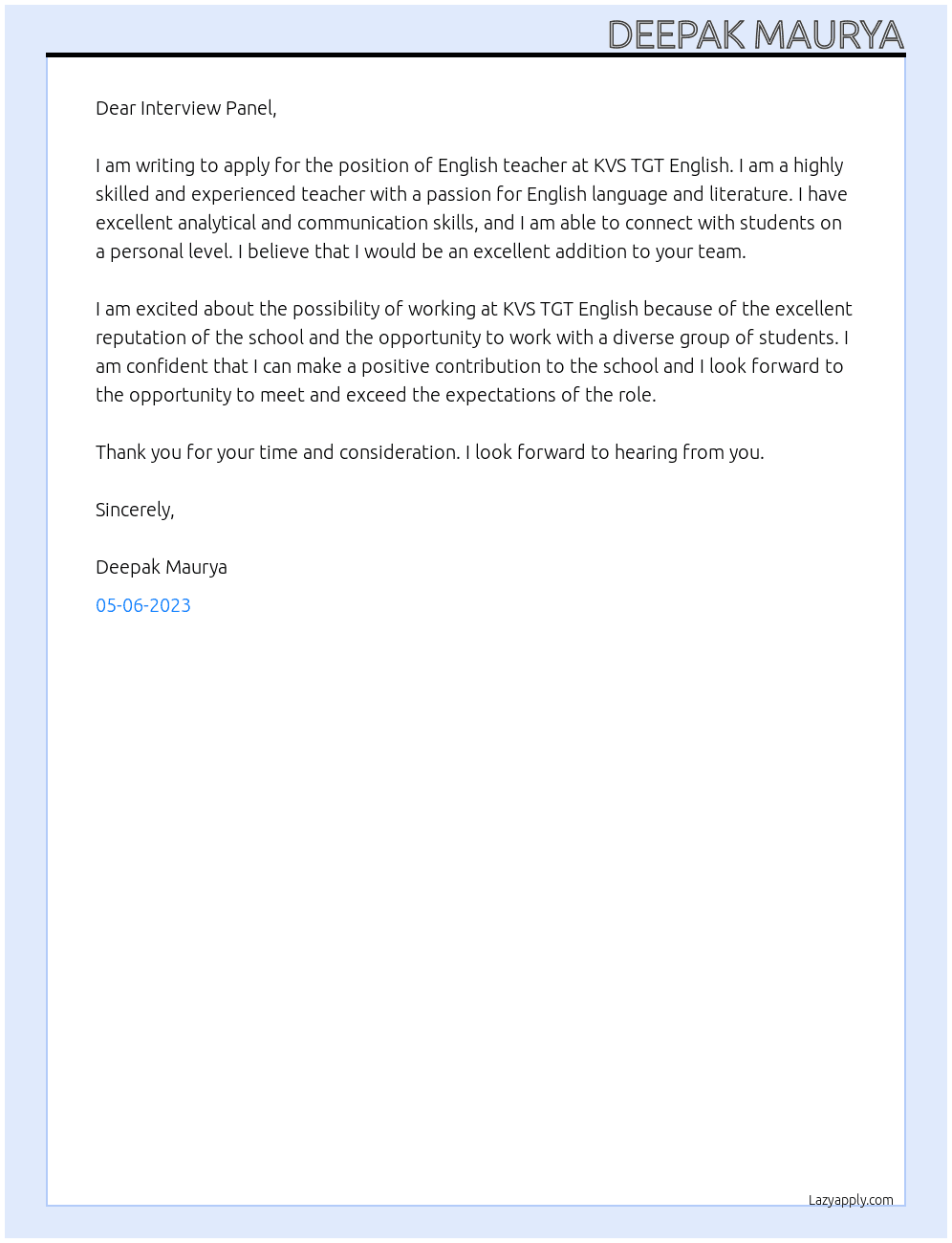 English teacher  At KVS TGT English  Cover Letter