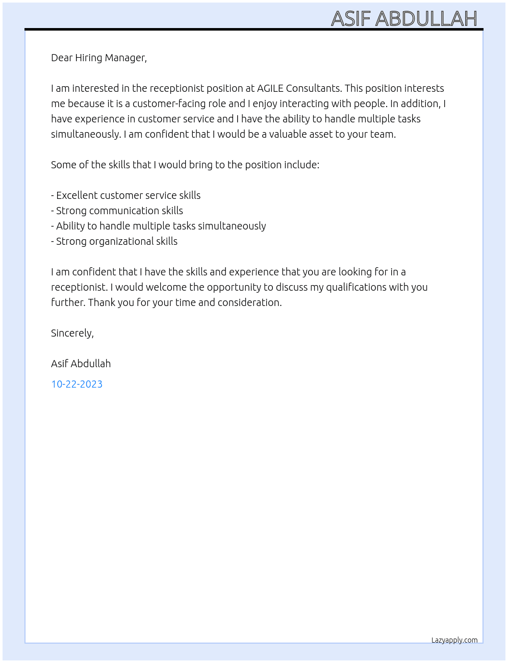 Receptionist At "AGILE CONSULTANTS" Cover Letter