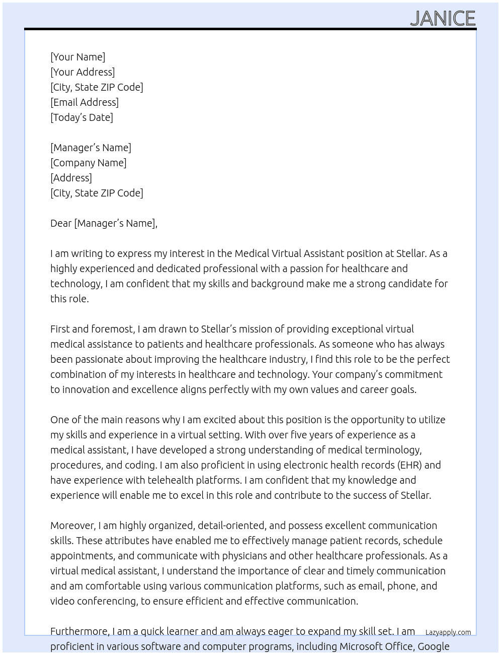 Medical virtual assistant At stellar Cover Letter