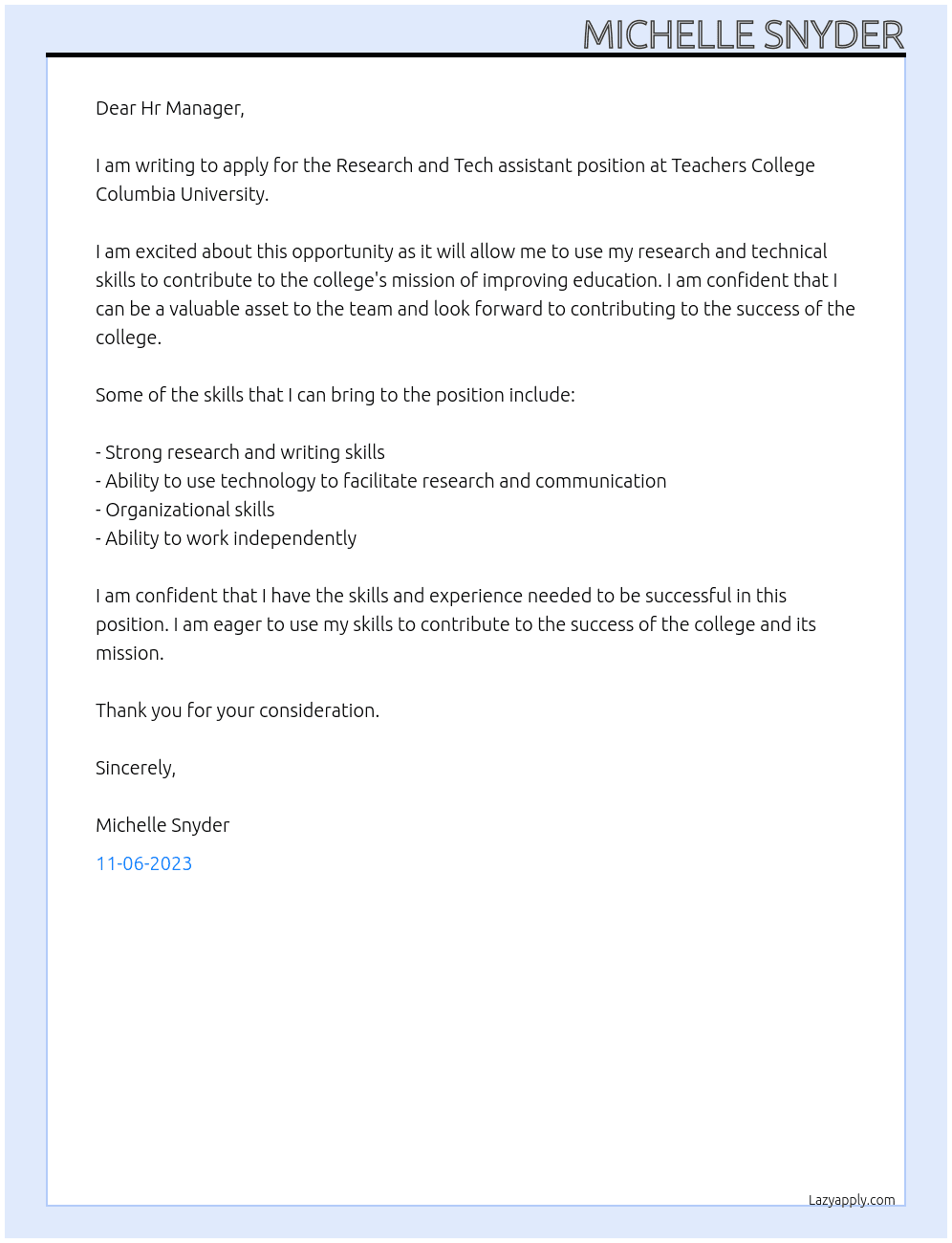 Research and Tech assistant At Teachers College Columbia University Cover Letter