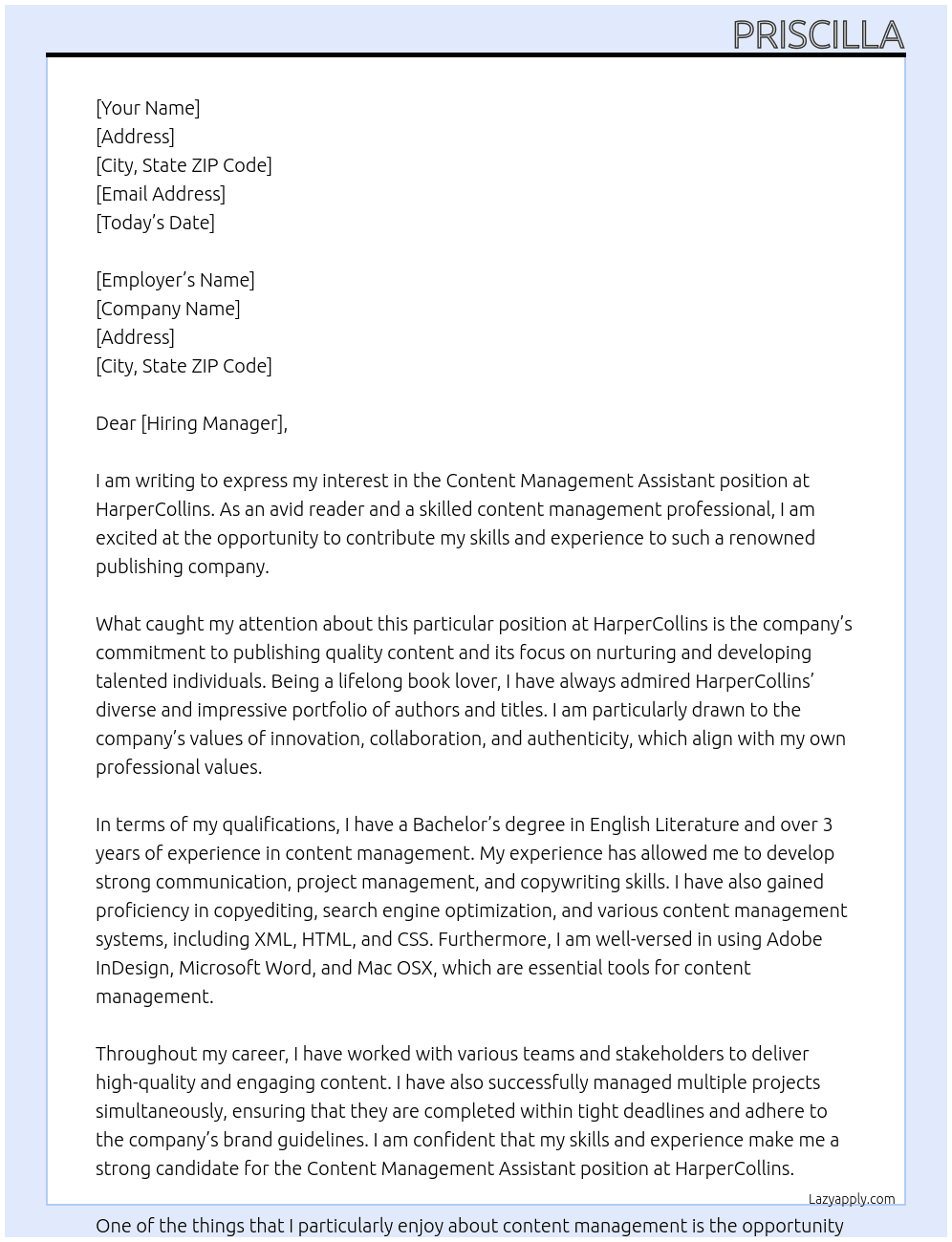 content management assistant At HarperCollins Cover Letter