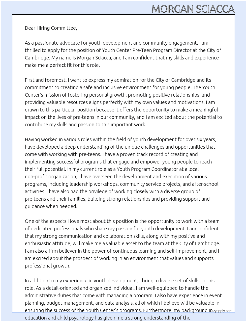 Youth Center Pre-Teen Program Director At City of Cambridge Cover Letter