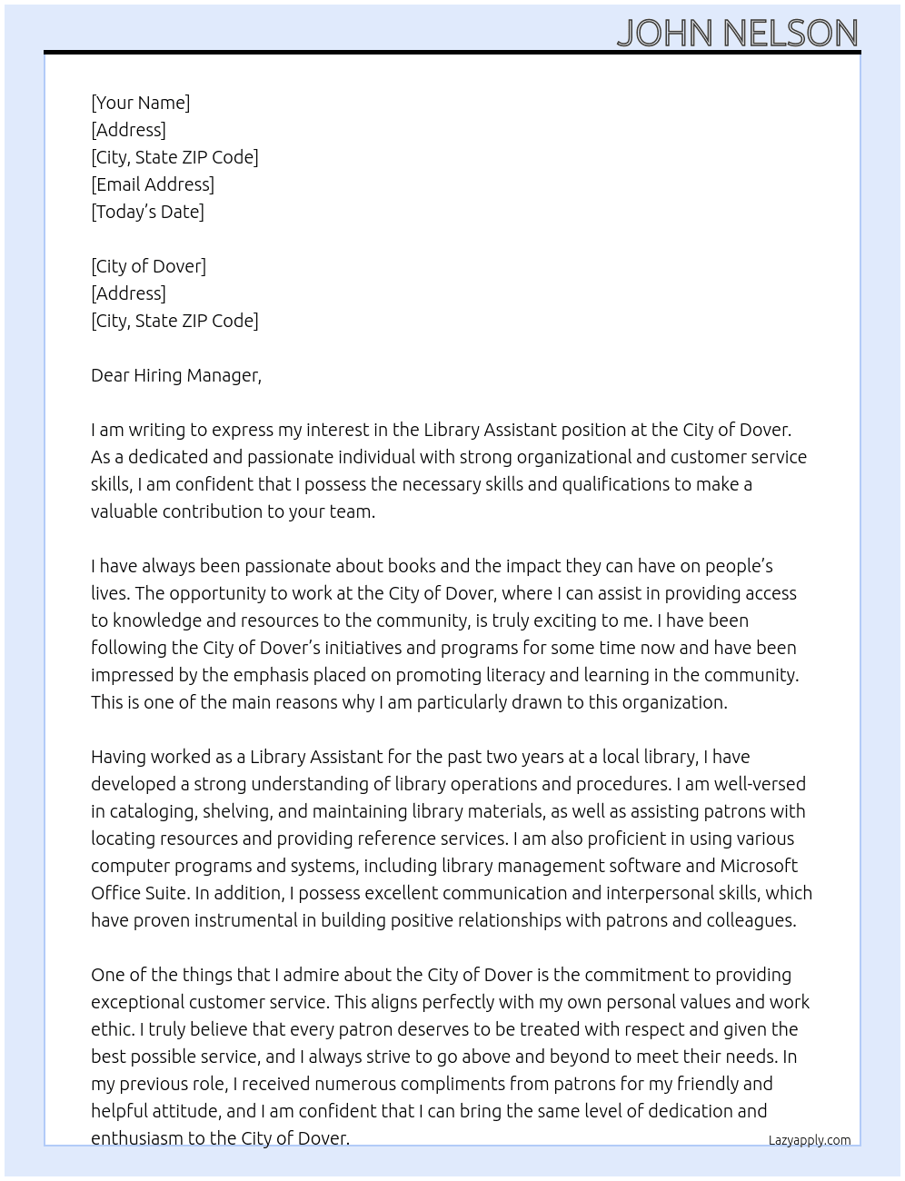 Library assistant  At City of Dover Cover Letter
