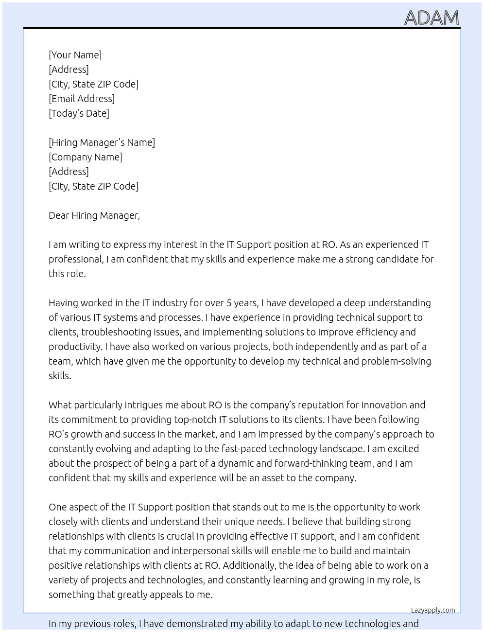 IT support At RO Cover Letter