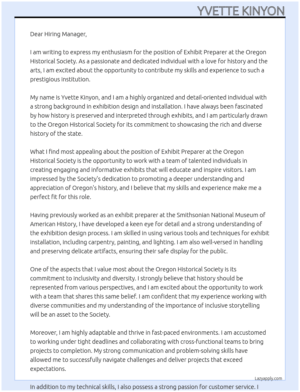 exhibit preparer At Oregon Historical Society  Cover Letter
