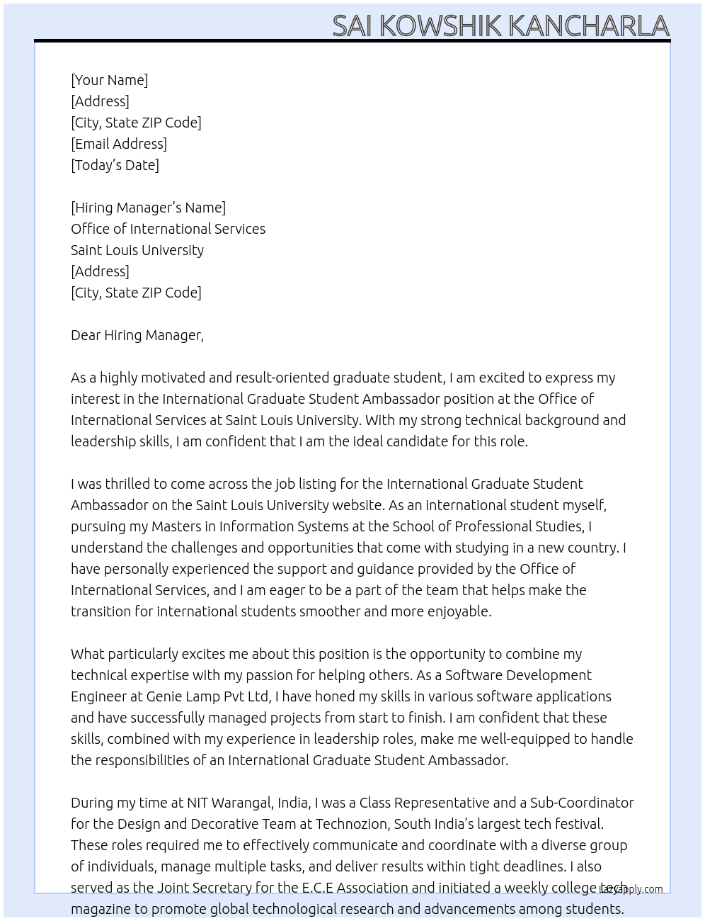 International Graduate Student Ambassador At Office of International Services - Saint Louis University Cover Letter