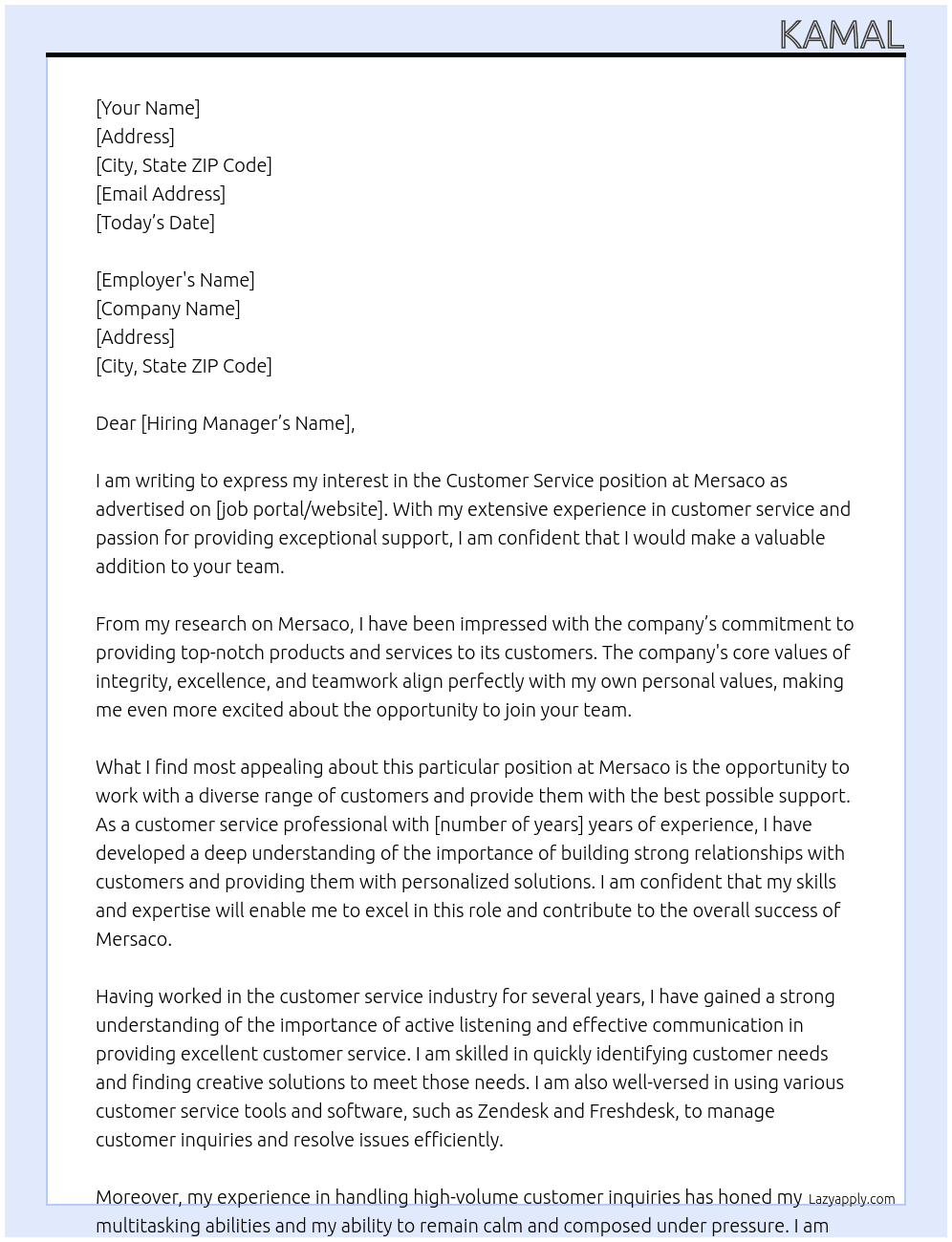 Customer Service At Mersaco Cover Letter