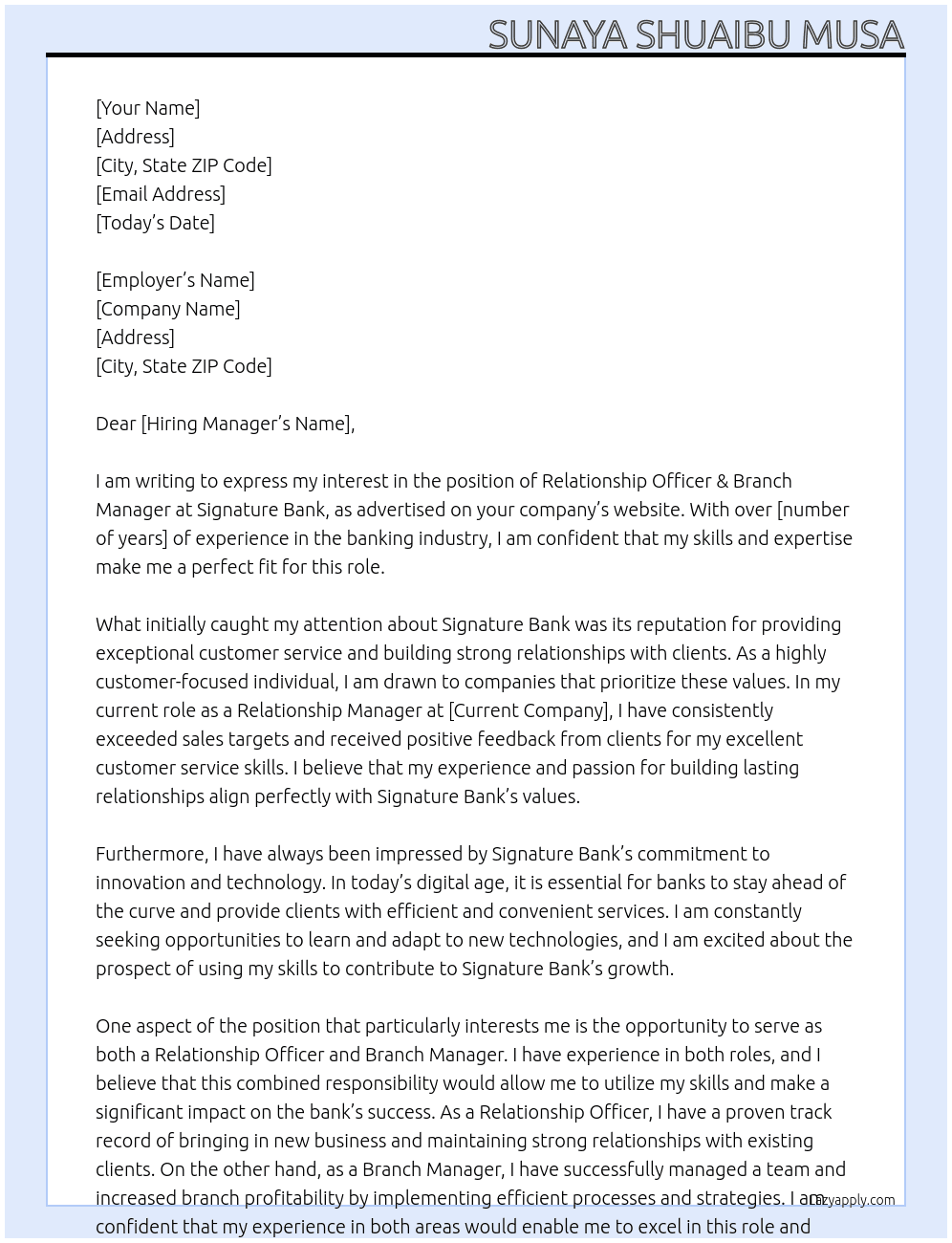 Relationship Officer & Branch Manager At Signature Bank Cover Letter