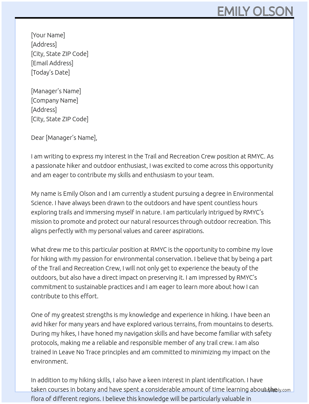 trail and recreation crew At RMYC Cover Letter
