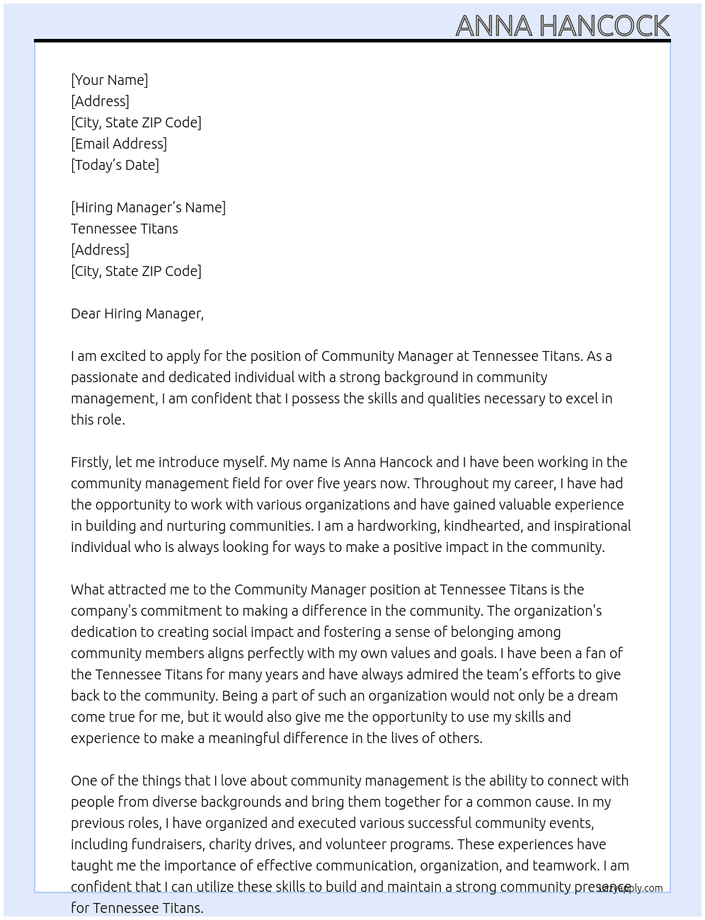 community manager At Tennessee Titans Cover Letter