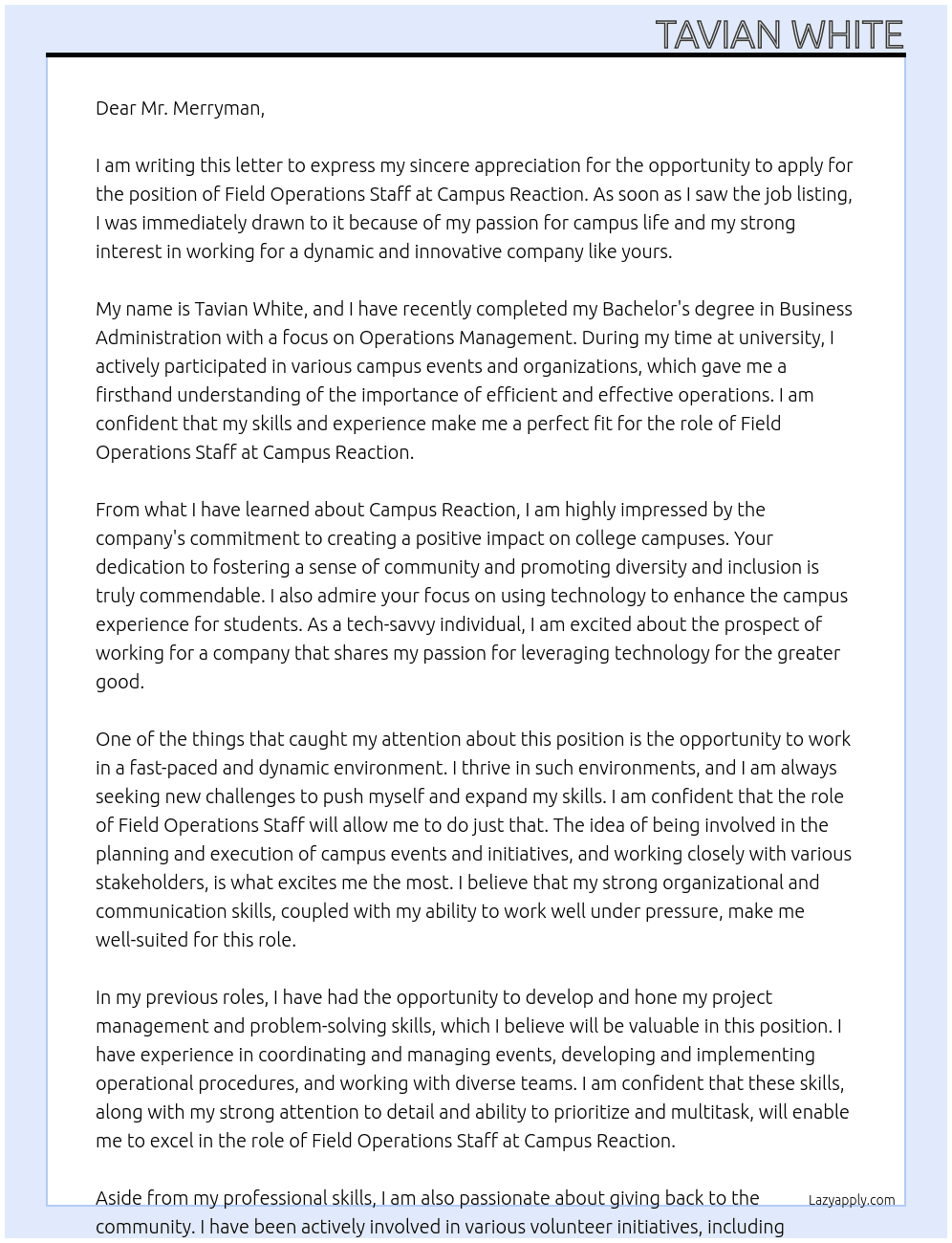 Field Operations Staff At Campus Reaction Cover Letter